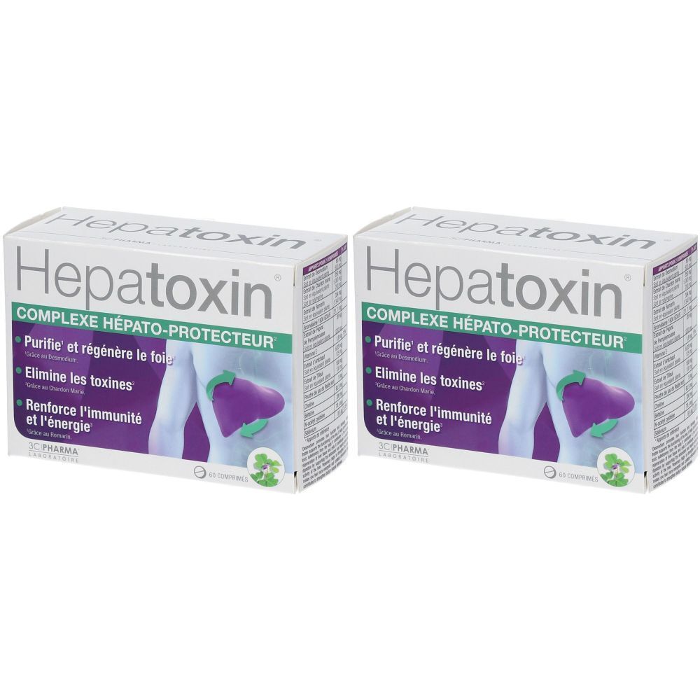 Deux boîtes de Hepatoxin. Inscription: COMPLEXE HEPATO-PROTECTEUR. Contient des informations sur la purification du foie et le renforcement de l'immunité.
