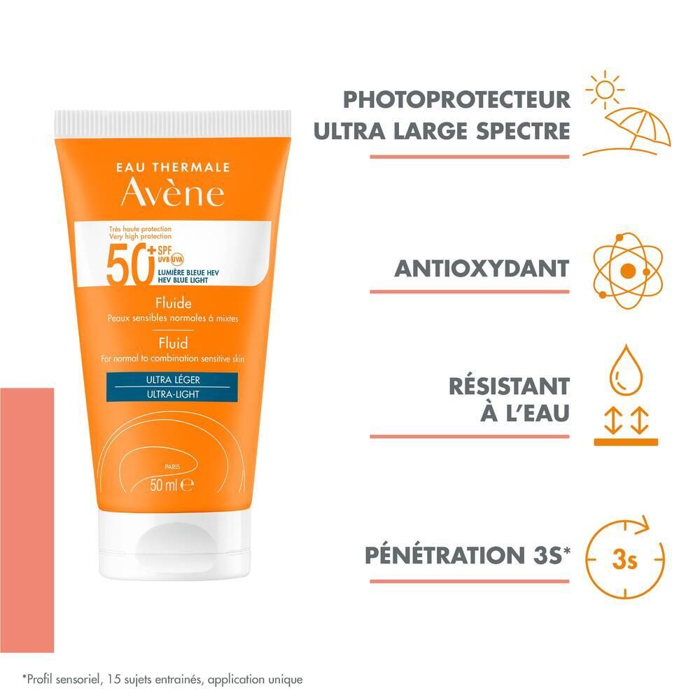 Tube orange. Texte: Avène, 50+ SPF, Fluide, Ultra-Léger. Graphiques: Photoprotecteur, Antioxydant, Résistant à l'eau, Pénétration 3S.
