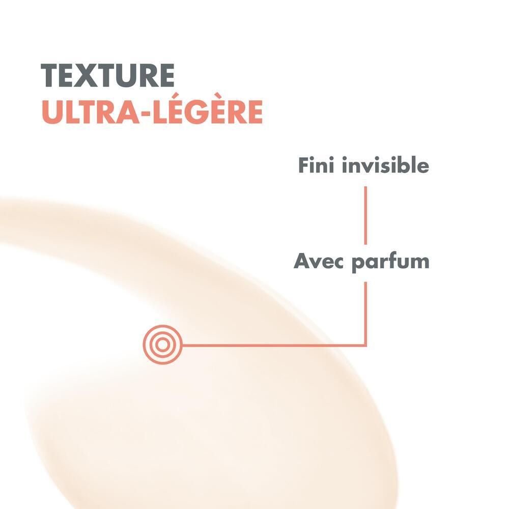 Texte: Texture ultra-légère, fini invisible, avec parfum. Représentation d'une crème.