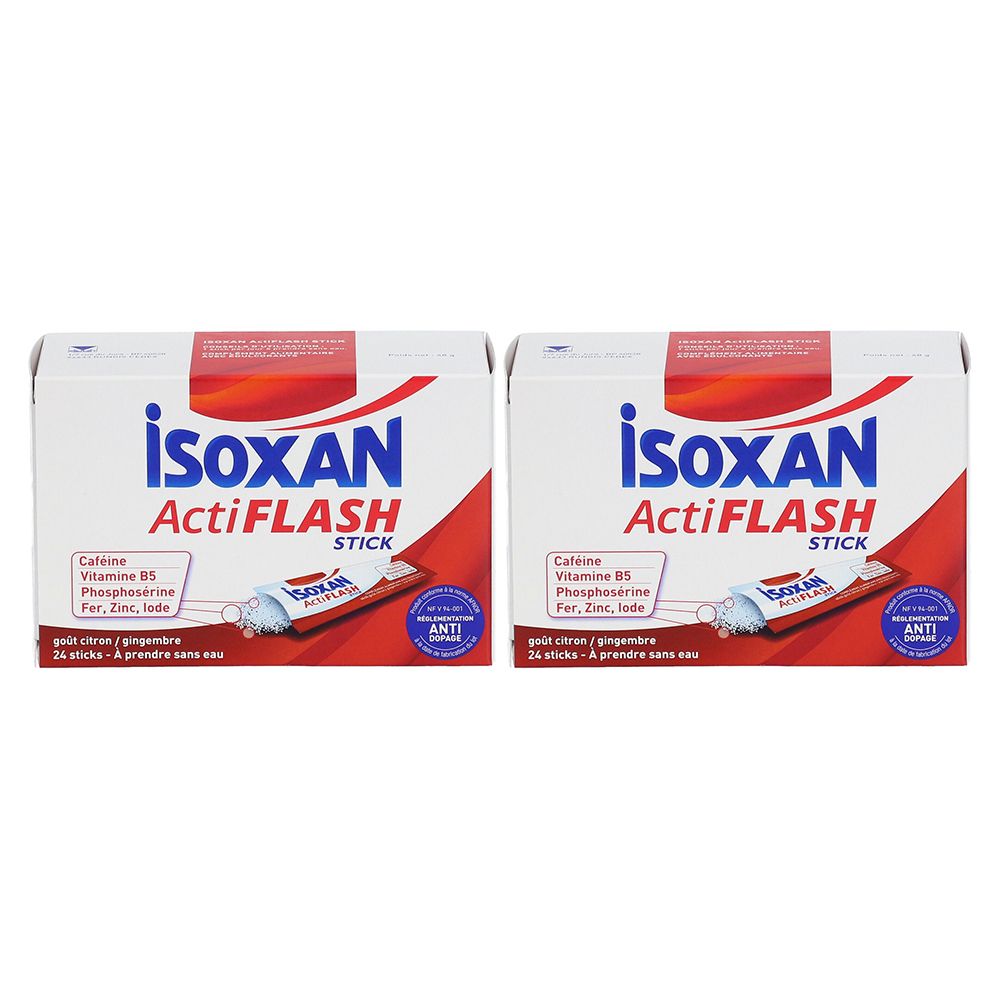 Deux boîtes de Isoxan ActiFLASH Stick. Inscription : Caféine, Vitamine B5, Phosphosérine, Fer, Zinc, Iode. 24 sticks.