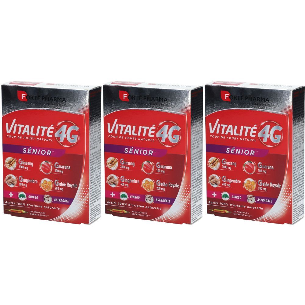 Trois boîtes de Forté Pharma Vitalité 4G Sénior. Emballage rouge avec nom du produit et ingrédients. Logos et textes visibles.