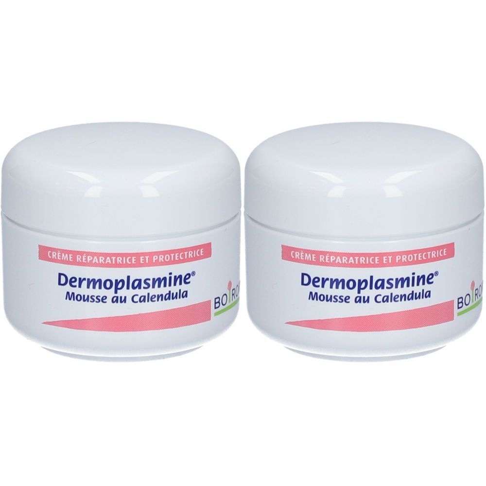 Deux pots blancs avec couvercles. Inscription: Dermoplasmine Mousse au Calendula. Bande rose et texte.