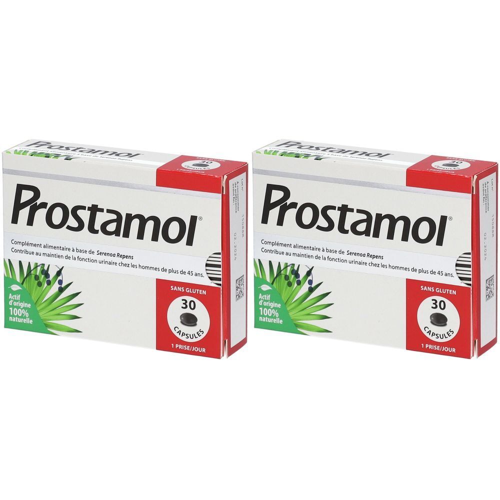 Deux boîtes de "Prostamol". Chaque boîte indique "30 Capsules".
