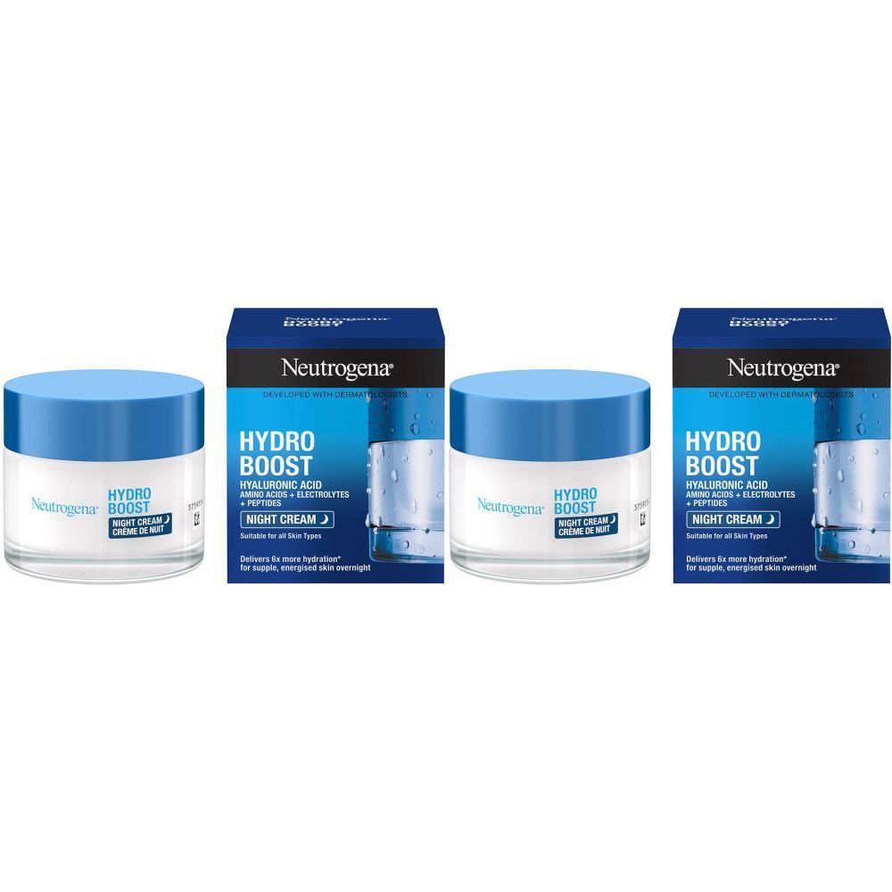 Trois pots et deux boîtes. Sur les pots et les boîtes, on peut lire "Neutrogena Hydro Boost Night Cream".
