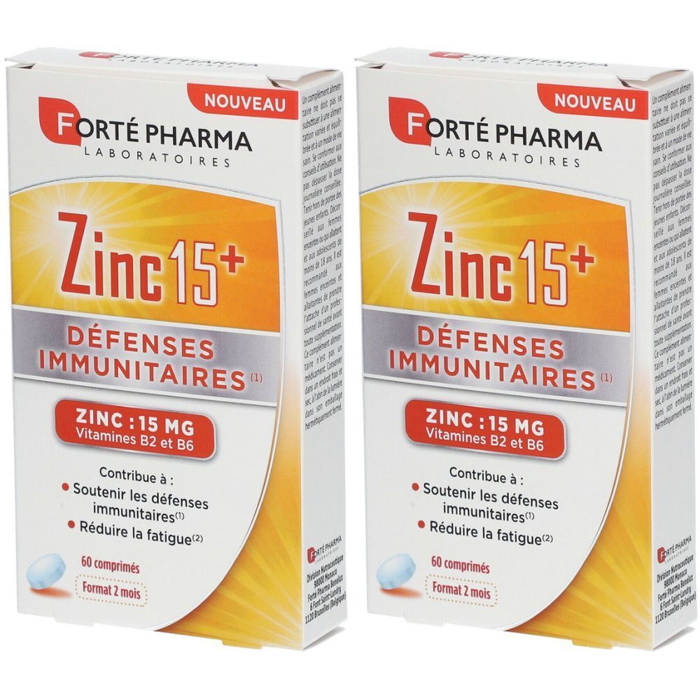 Deux boîtes de Forté Pharma Zinc 15+ Défenses Immunitaires. Inscription : Zinc 15+, Défenses Immunitaires, 60 comprimés, Format 2 mois.