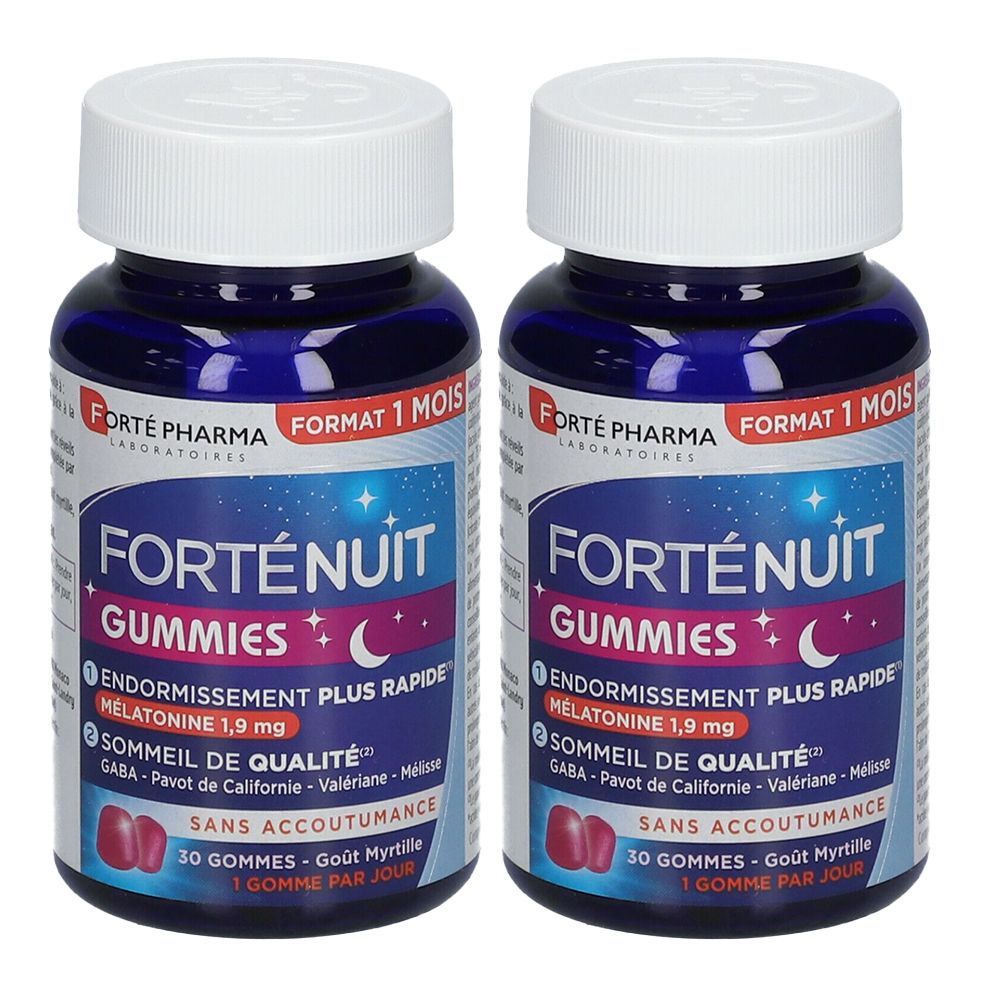 Deux flacons de Forté Nuit Gummies. Flacons bleus avec bouchons blancs. Inscription : Forté Nuit Gummies, mélatonine 1,9 mg, 30 gommes.