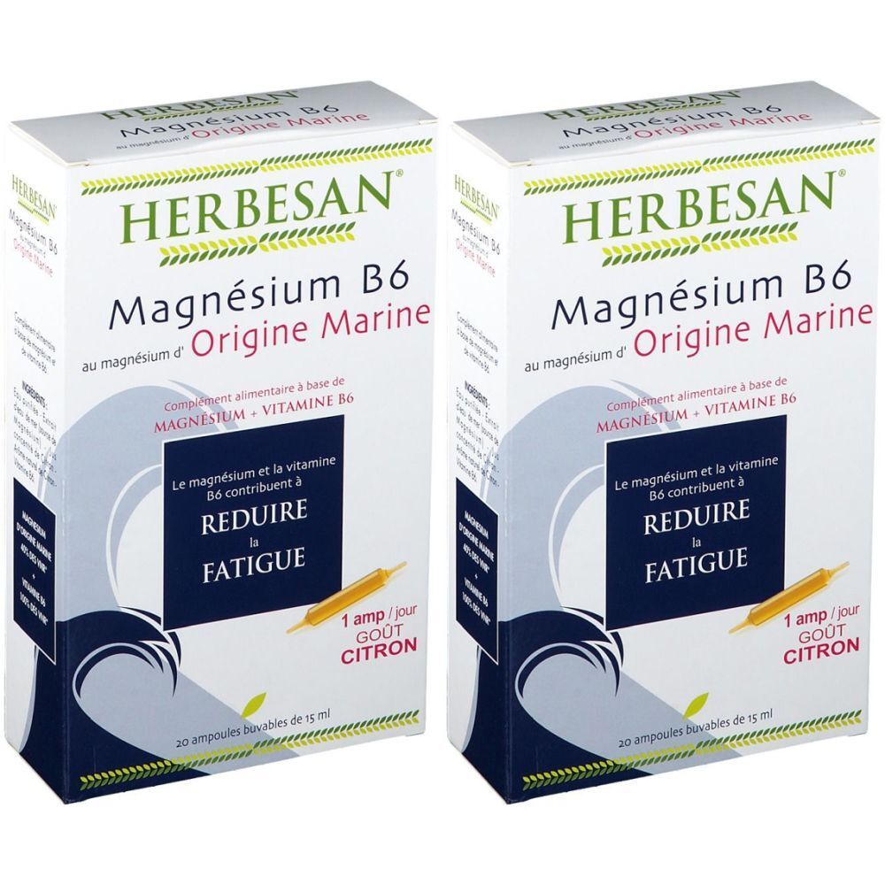 Deux boîtes de Herbesan Magnésium B6. Inscription: Magnésium B6, Origine Marine. Réduit la fatigue. 20 ampoules.