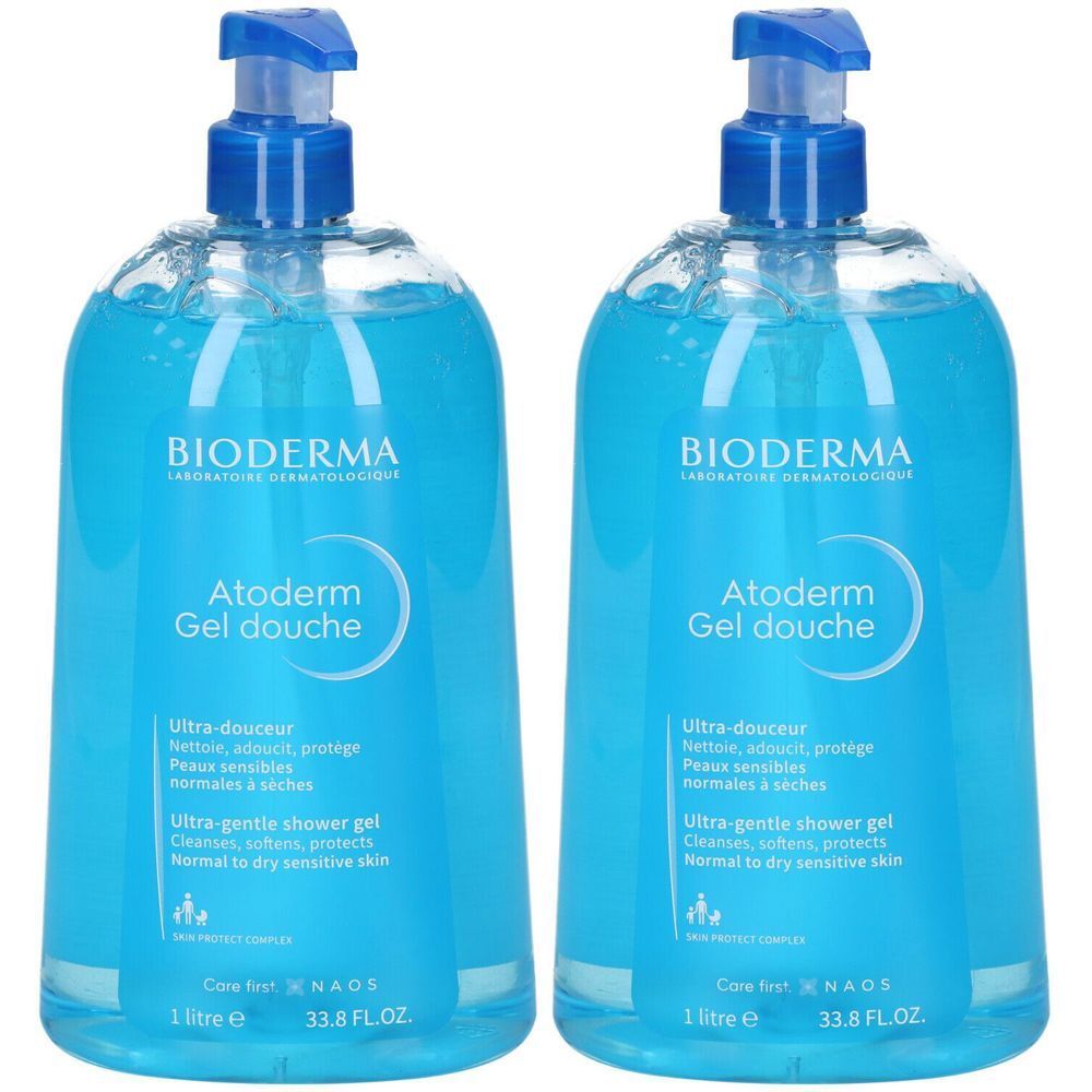 Deux flacons bleus avec pompe. Inscription: BIODERMA, Atoderm Gel douche. Texte: Ultra-douceur, Peaux sensibles. 1 litre.
