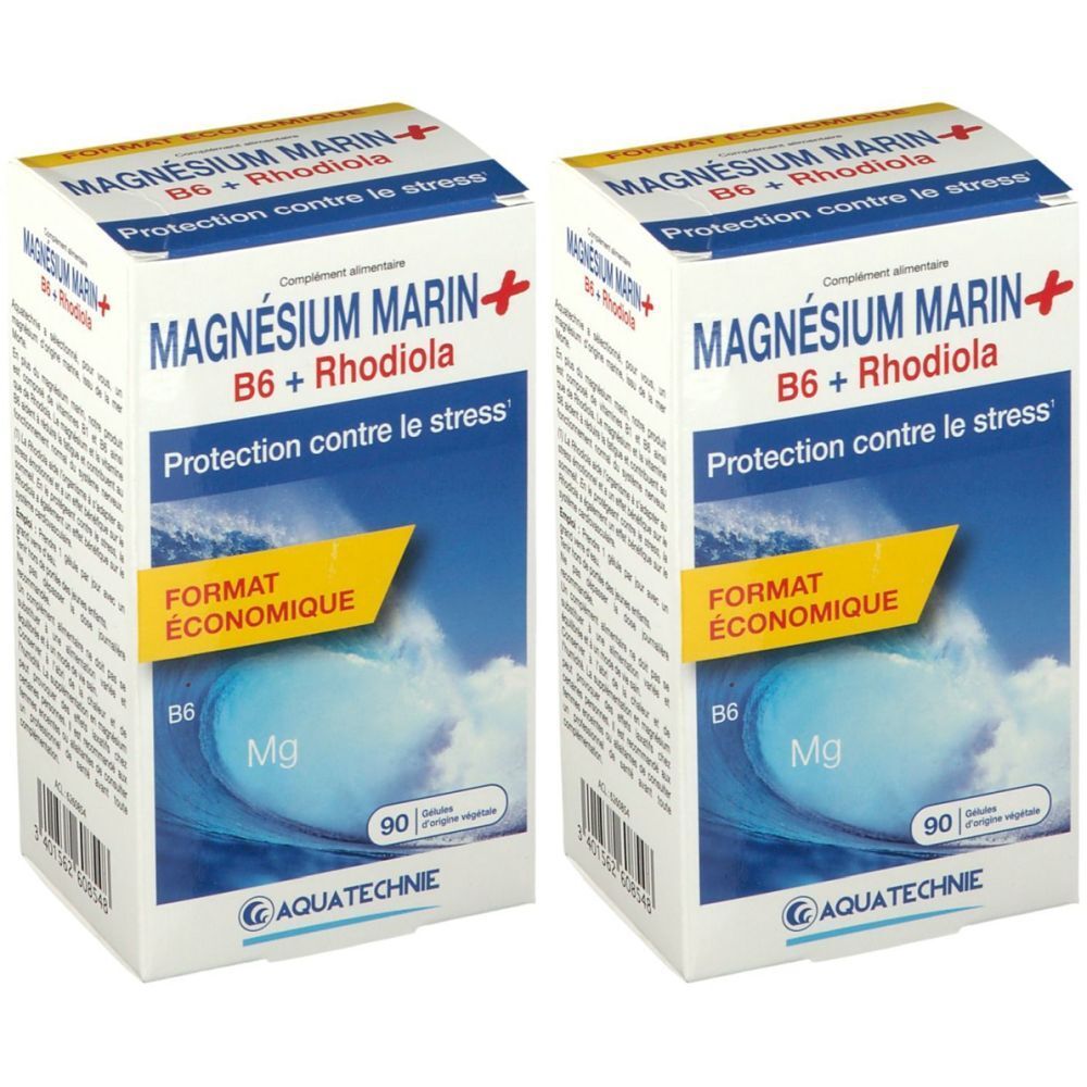 Deux boîtes de Magnésium Marin+ B6 + Rhodiola. Inscription : Protection contre le stress. Étiquette jaune : Format économique. 90 gélules.