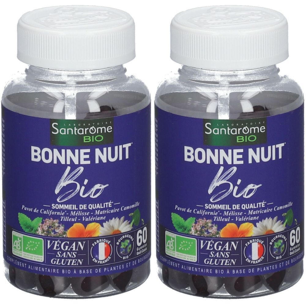Deux flacons de Santarome Bonne Nuit Bio. Étiquettes bleues, texte blanc. Vegan, sans gluten. 60 unités. Drapeau français.
