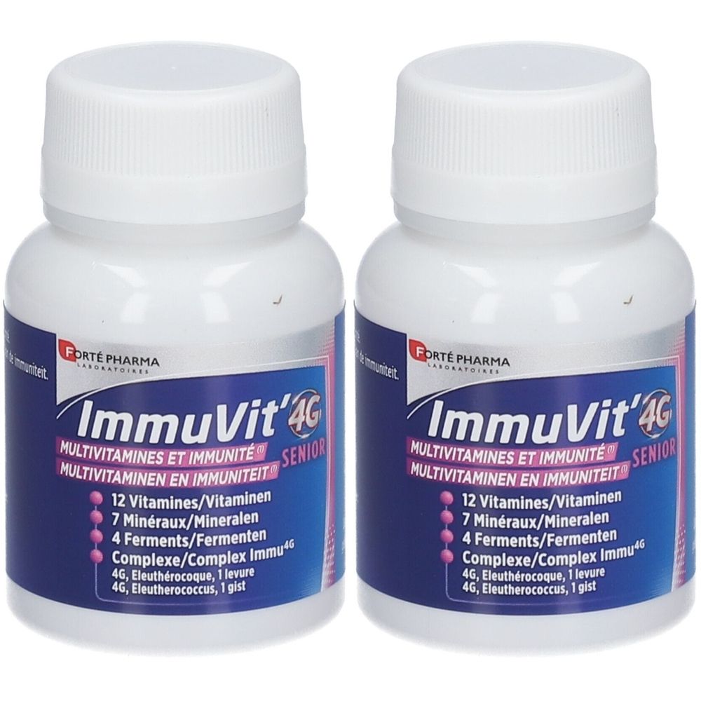 Deux flacons blancs avec étiquette bleue. Inscription: ImmuVit'4G Senior. Contient vitamines, minéraux et ferments.