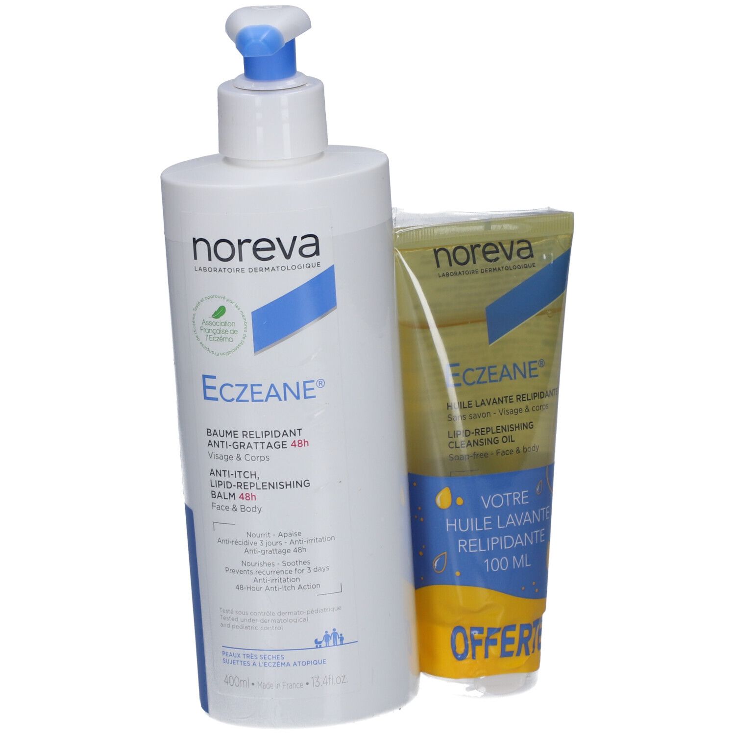 Deux produits NOREVA Eczeane® : Baume et Huile lavante. Flacon blanc, tube avec contenu jaune. Texte : Anti-Grattage, Relipidant.