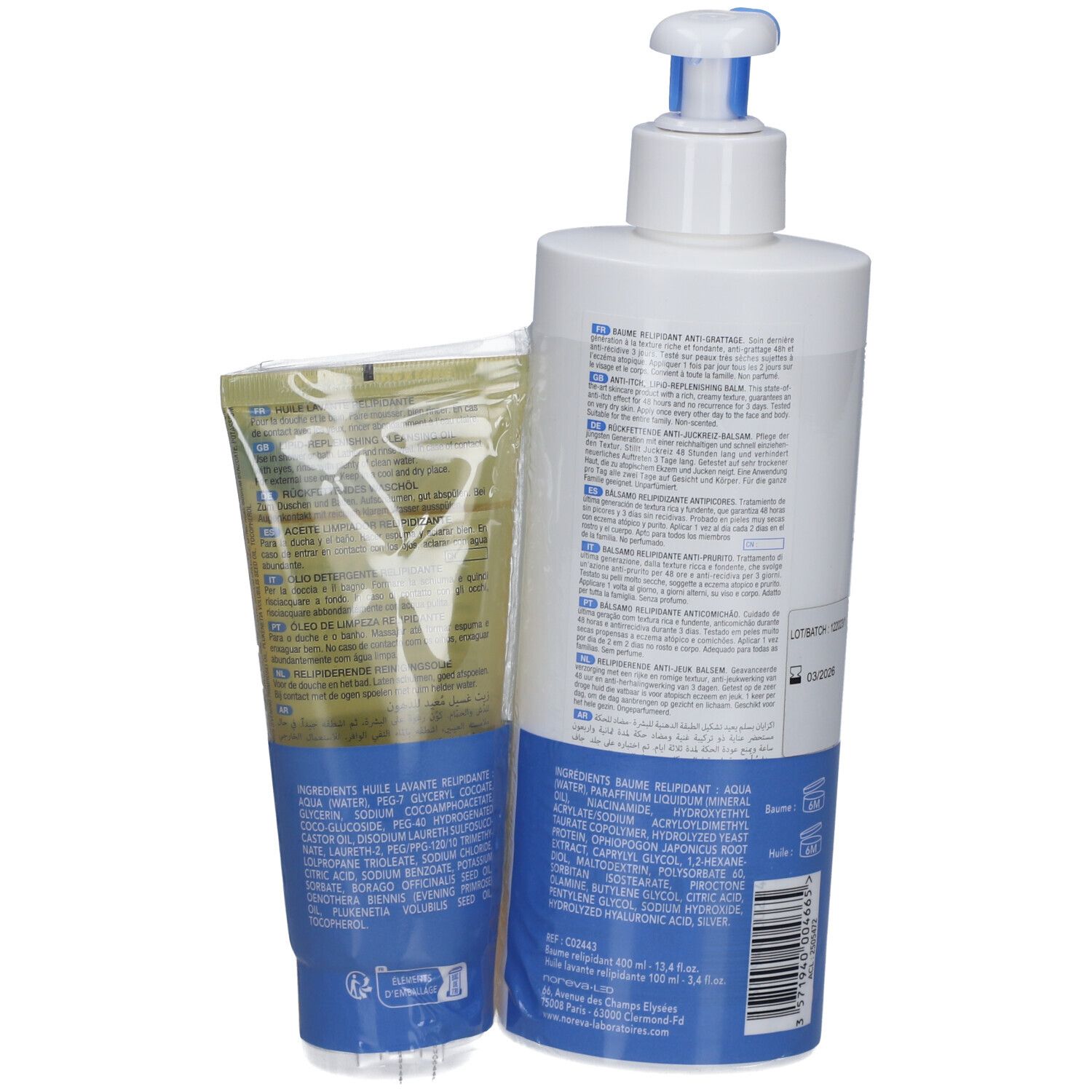 Deux produits : flacon et tube. Flacon blanc, tube transparent. Verso des produits avec texte. Code-barres visible.