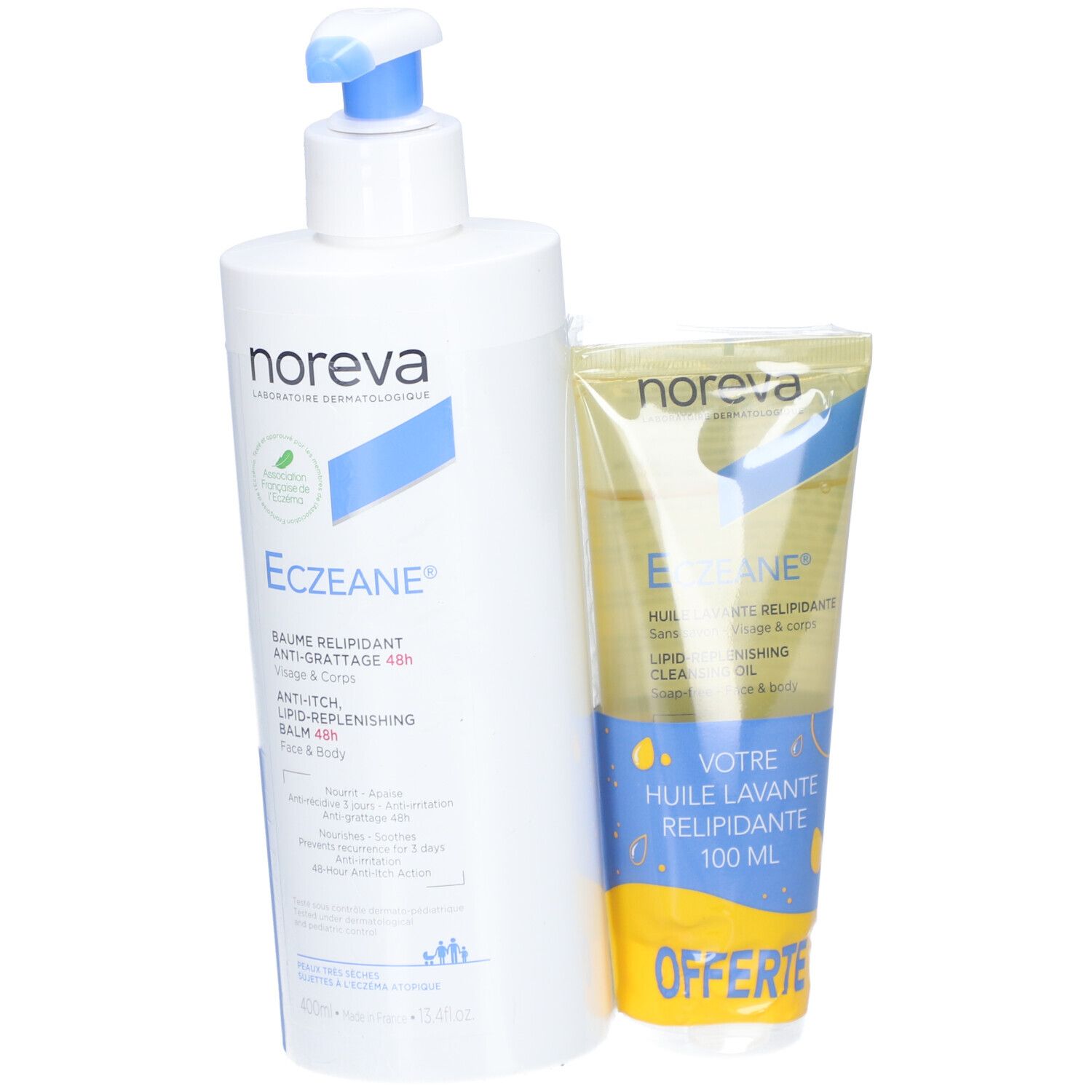 Deux produits NOREVA Eczeane® : Baume et Huile lavante. Flacon blanc, tube avec contenu jaune. Texte : Anti-Grattage, Relipidant.