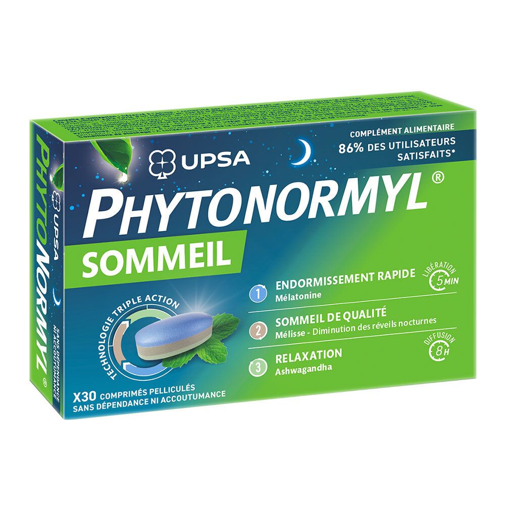 Boîte Phytonormyl Sommeil. Vert, bleu et blanc. Contient 30 comprimés. Avec mélatonine, mélisse et ashwagandha. Logo UPSA.
