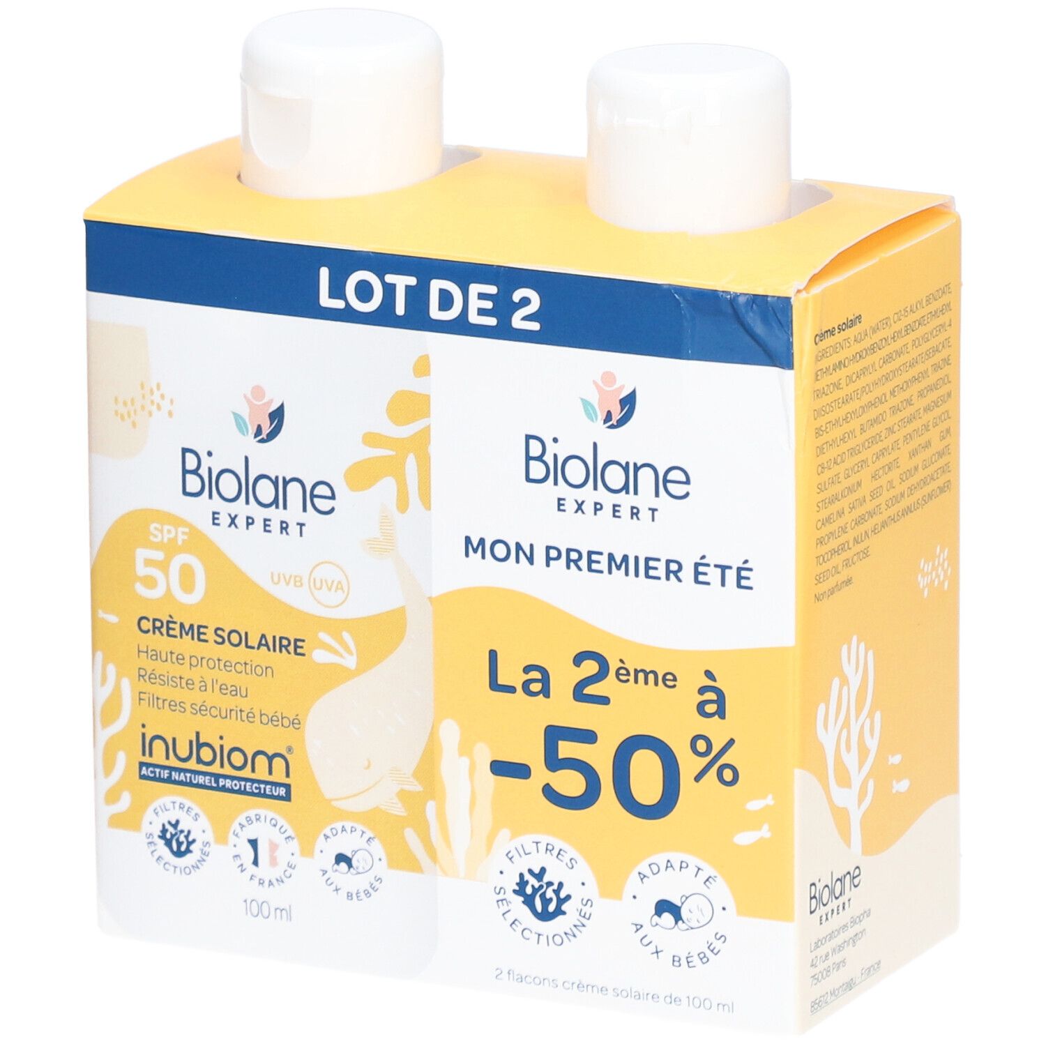 Duo Biolane Expert Crème Solaire SPF50. Emballage avec deux flacons. Inscription : SPF 50, Mon premier été, -50%.