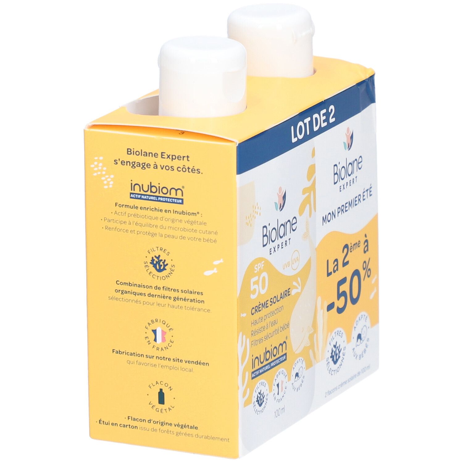 Duo Biolane Expert Crème Solaire. Emballage avec deux flacons. Texte : Mon premier été, -50%. Ingrédients au dos.