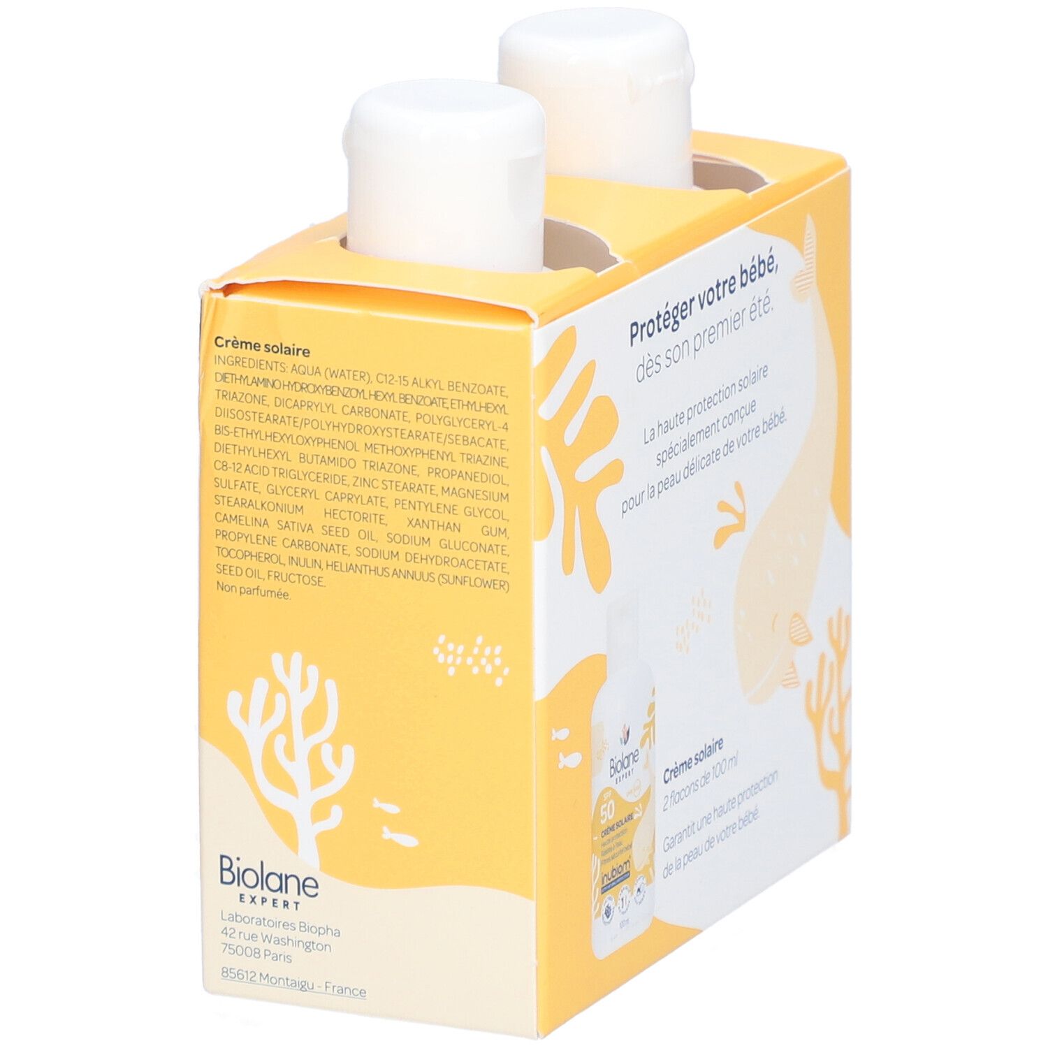 Duo Biolane Expert Crème Solaire. Emballage avec deux flacons. Texte : Mon premier été, -50%. Ingrédients au dos.