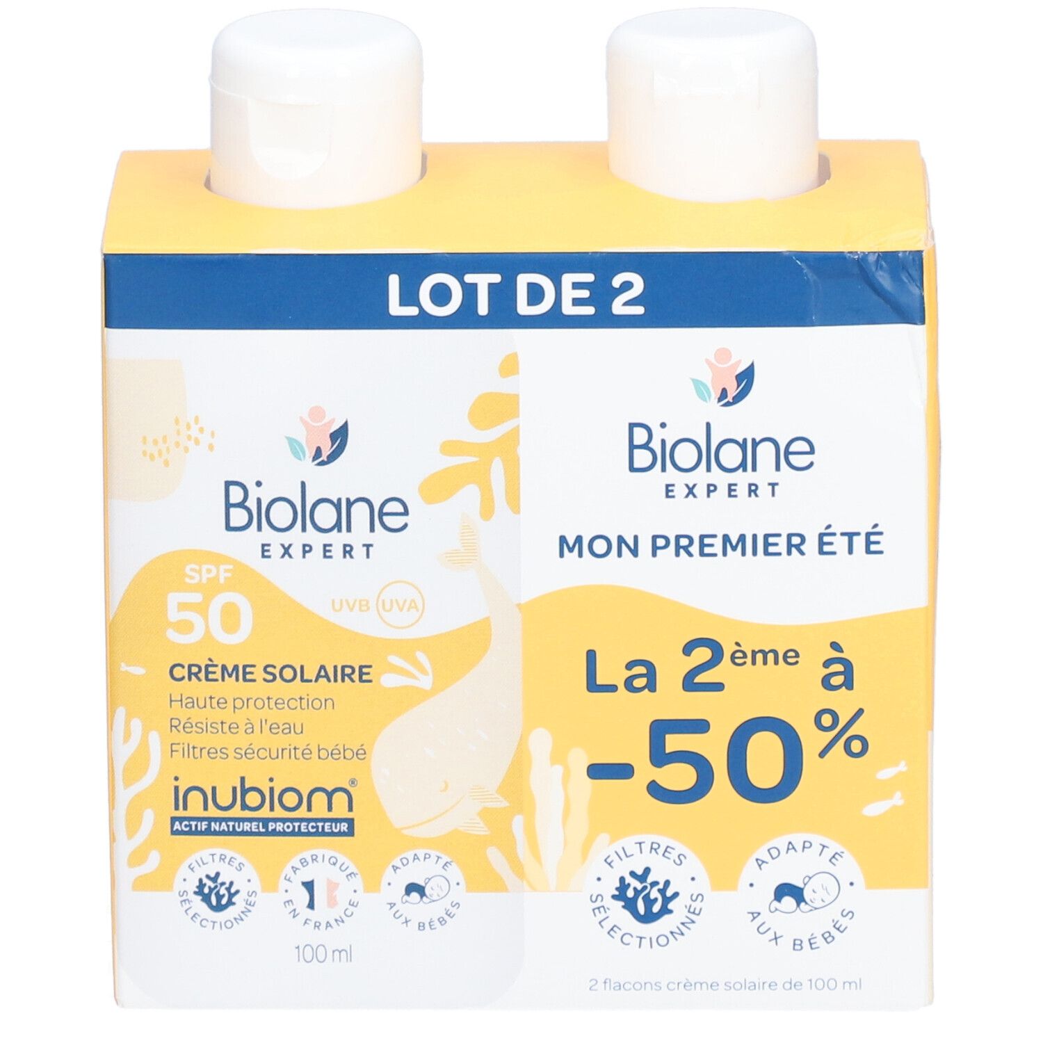 Duo Biolane Expert Crème Solaire SPF50. Deux flacons dans un emballage. Inscription : SPF 50, Mon premier été, -50%.