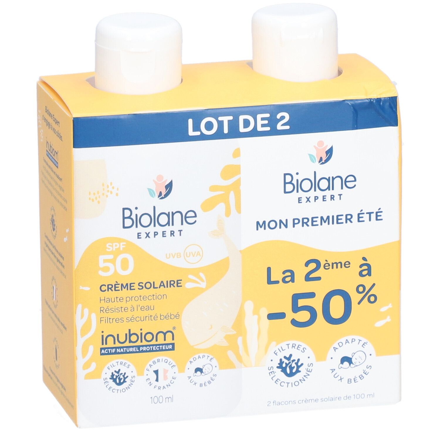 Duo Biolane Expert Crème Solaire SPF50. Deux flacons dans un emballage. Inscription : SPF 50, Mon premier été, -50%.