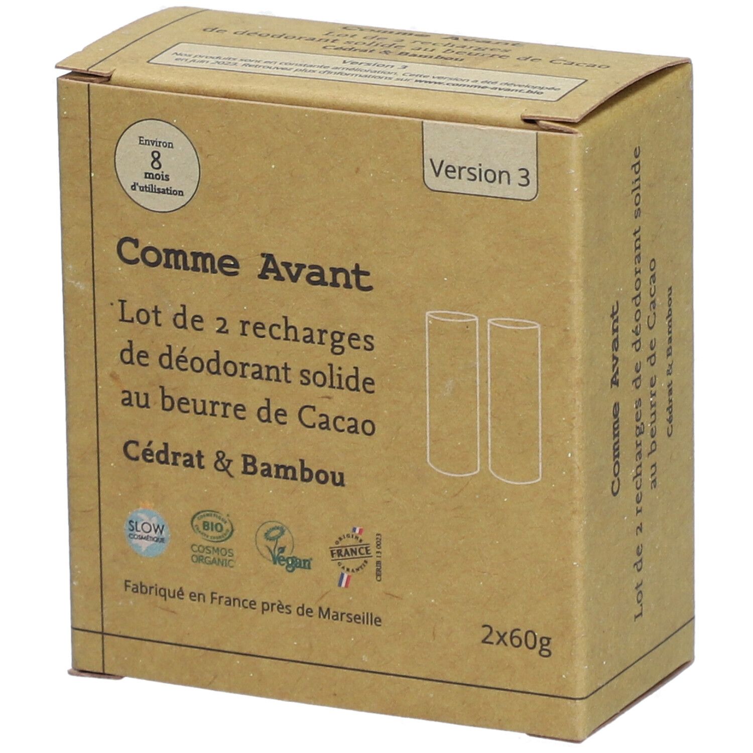 Boîte en carton de recharges de déodorant solide. Inscription : Cacao Cédrat & Bambou. Labels : Slow Cosmétique, Bio, Vegan.
