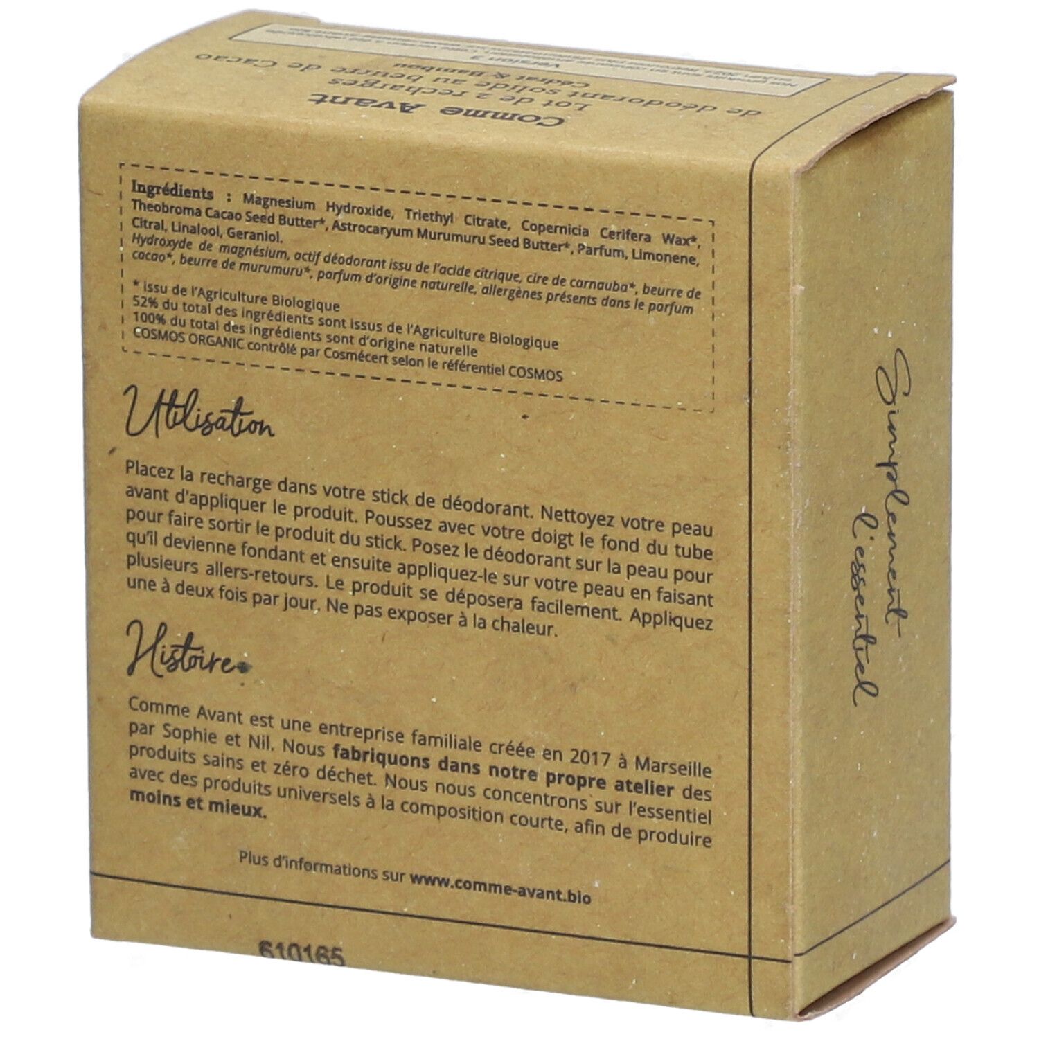 Boîte en carton avec texte. Ingrédients, utilisation, histoire. Inscription : Comme Avant. Labels : Bio, Vegan. Fabriqué en France.
