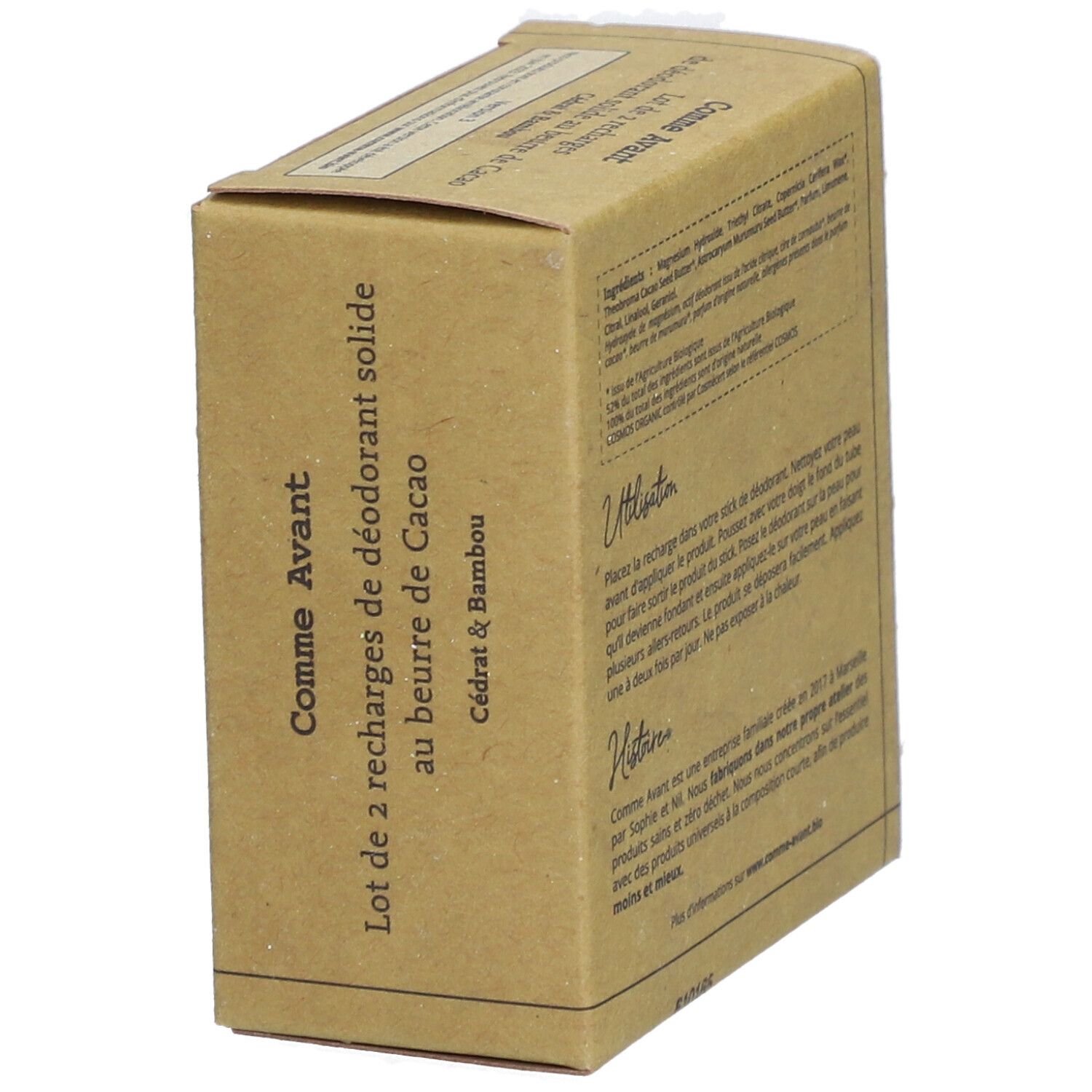 Boîte en carton, vue latérale. Inscription : Comme Avant, Cacao Cédrat & Bambou. Texte. Labels : Bio, Vegan. Fabriqué en France.