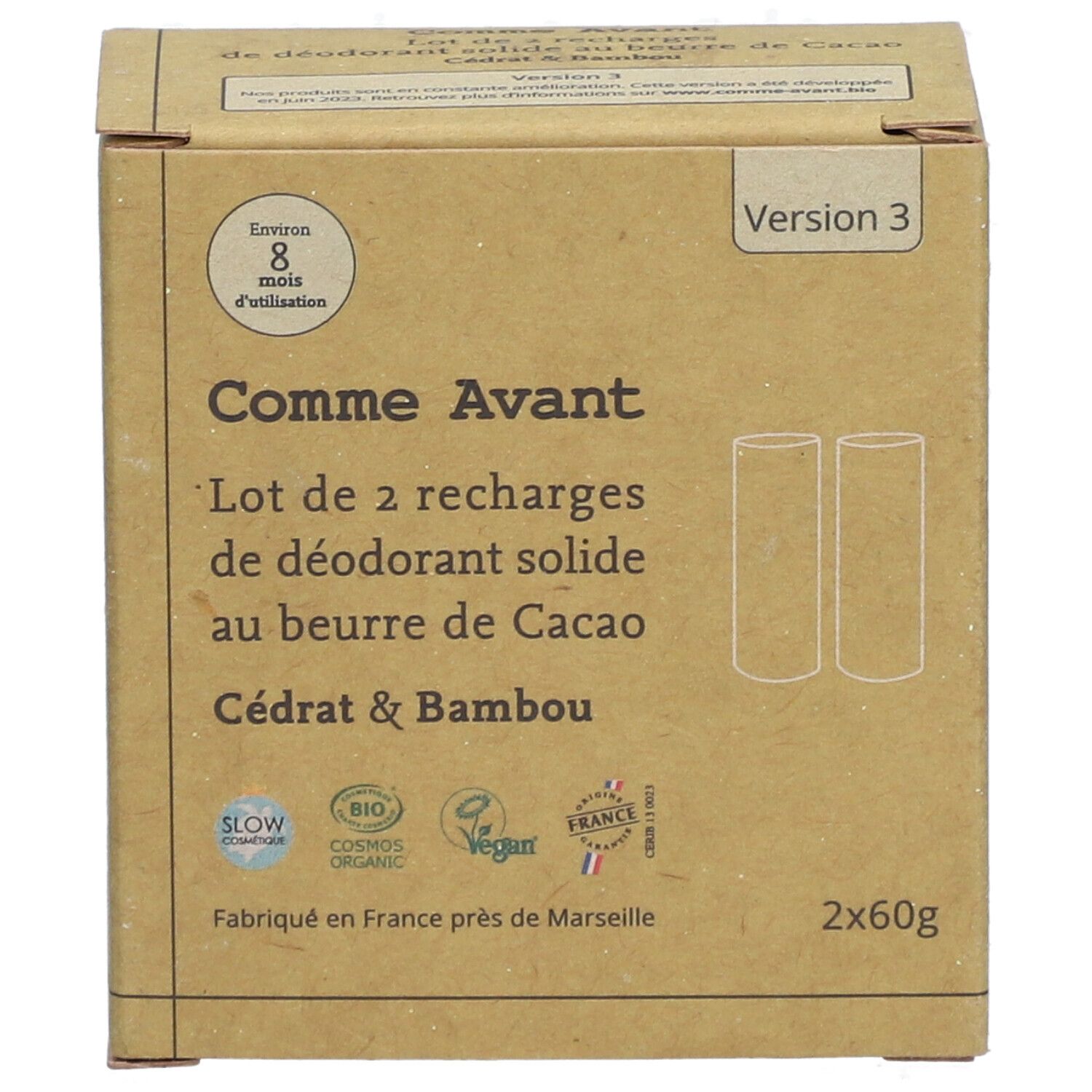Boîte en carton de recharges de déodorant solide. Inscription : Cacao Cédrat & Bambou. Labels : Slow Cosmétique, Bio, Vegan.