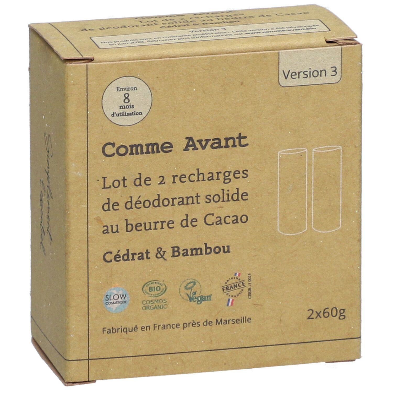 Boîte en carton de recharges de déodorant solide. Inscription : Cacao Cédrat & Bambou. Labels : Slow Cosmétique, Bio, Vegan.