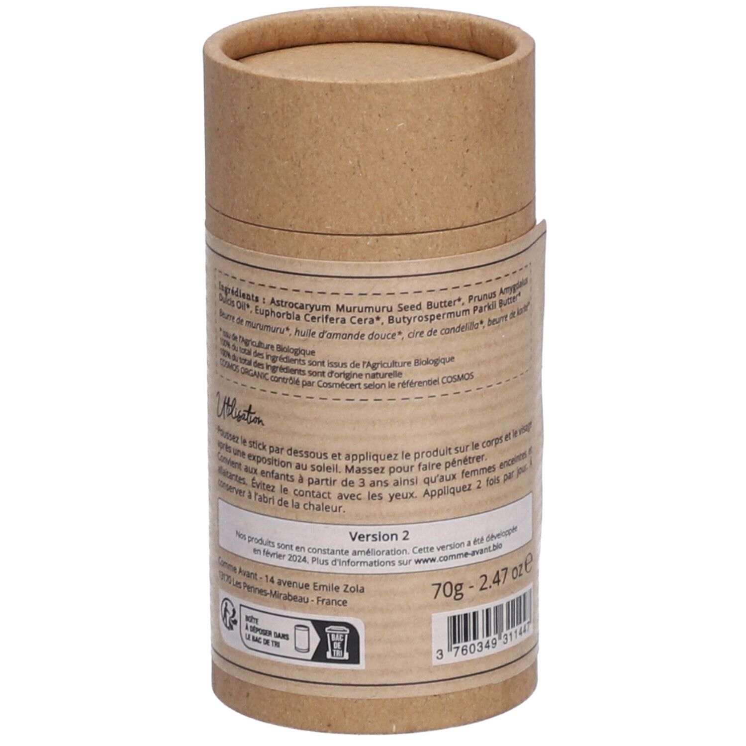 Emballage cylindrique. Verso avec ingrédients et instructions. Version 2. Poids: 70g - 2.47 oz.