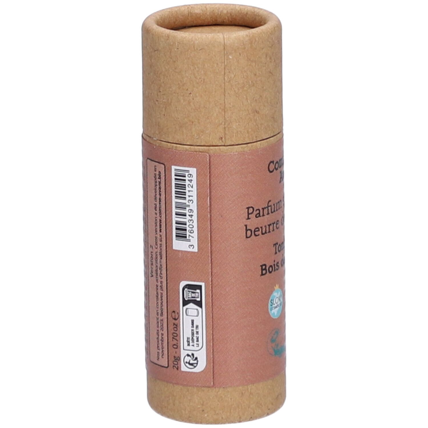 Emballage cylindrique en carton brun. Impression avec code-barres et informations. Texte en français. Logos et informations.