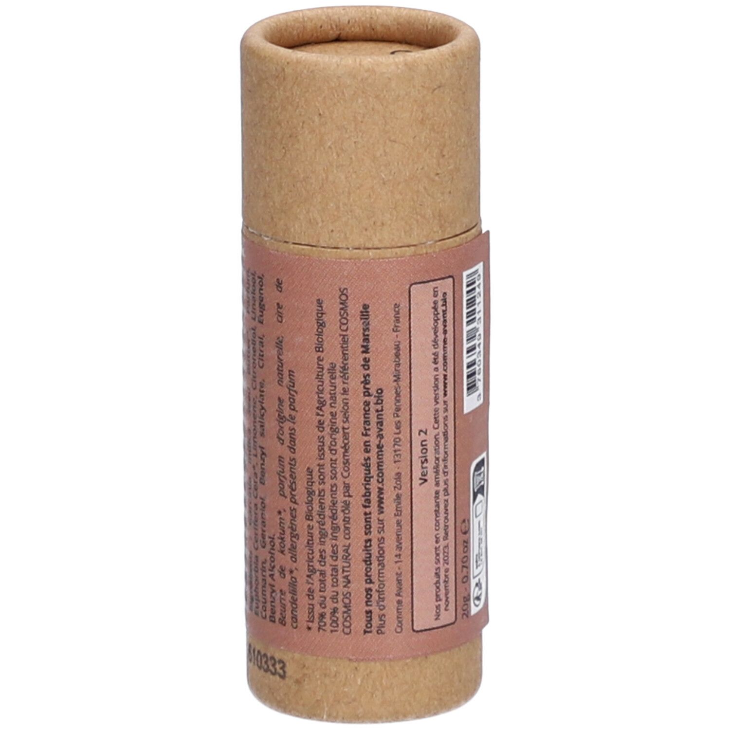 Emballage cylindrique en carton brun. Texte en français. Informations sur la fabrication et les ingrédients. Logos.