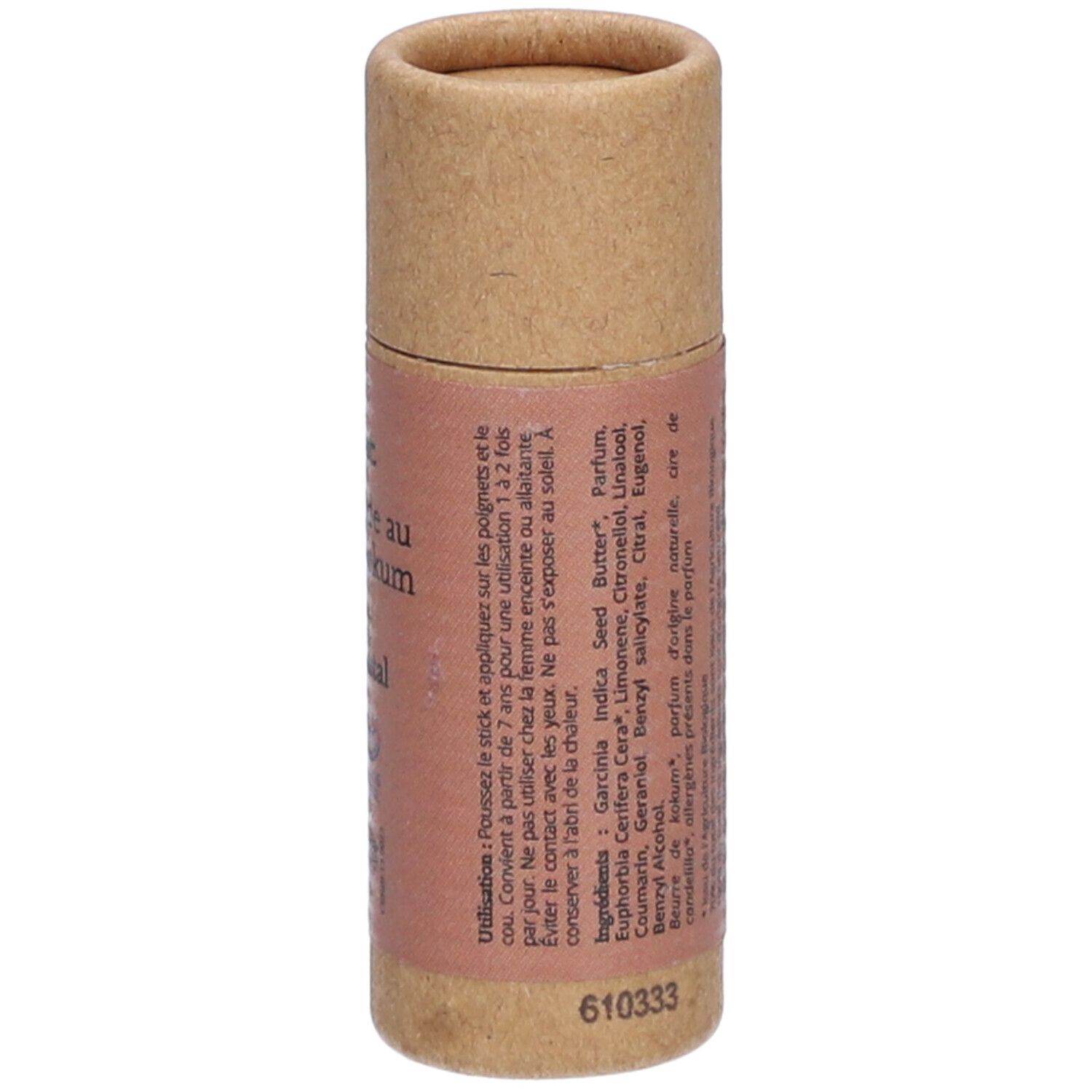 Emballage cylindrique en carton brun. Texte en français. Informations sur l'utilisation et les ingrédients. Logos.