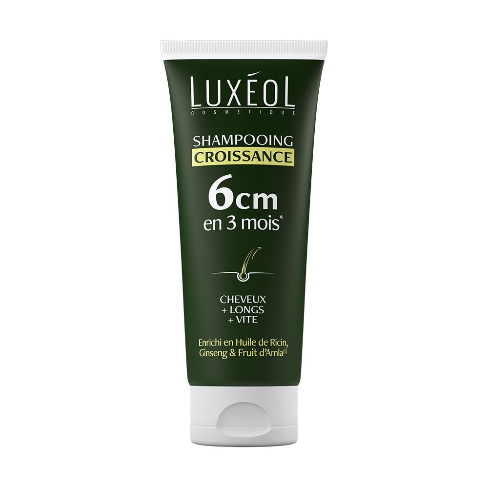 Tube vert LUXÉOL Shampooing Croissance. Texte: 6cm en 3 mois, Cheveux + Longs + Vite. Ingrédients visibles.