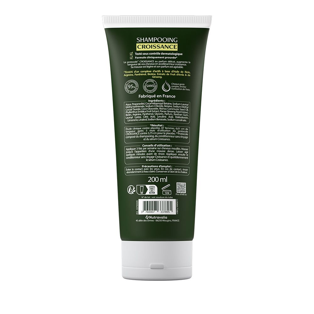 Dos du tube vert LUXÉOL Shampooing Croissance. Texte: 200ml, ingrédients, Fabriqué en France, code QR.