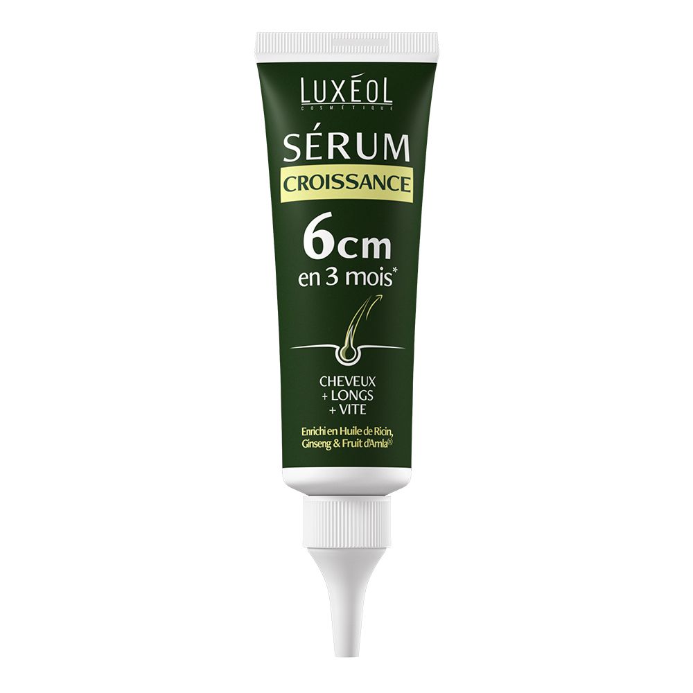 Tube vert LUXÉOL Sérum croissance. 6cm en 3 mois. Avec applicateur. Enrichi en huile de ricin, ginseng et Amla.