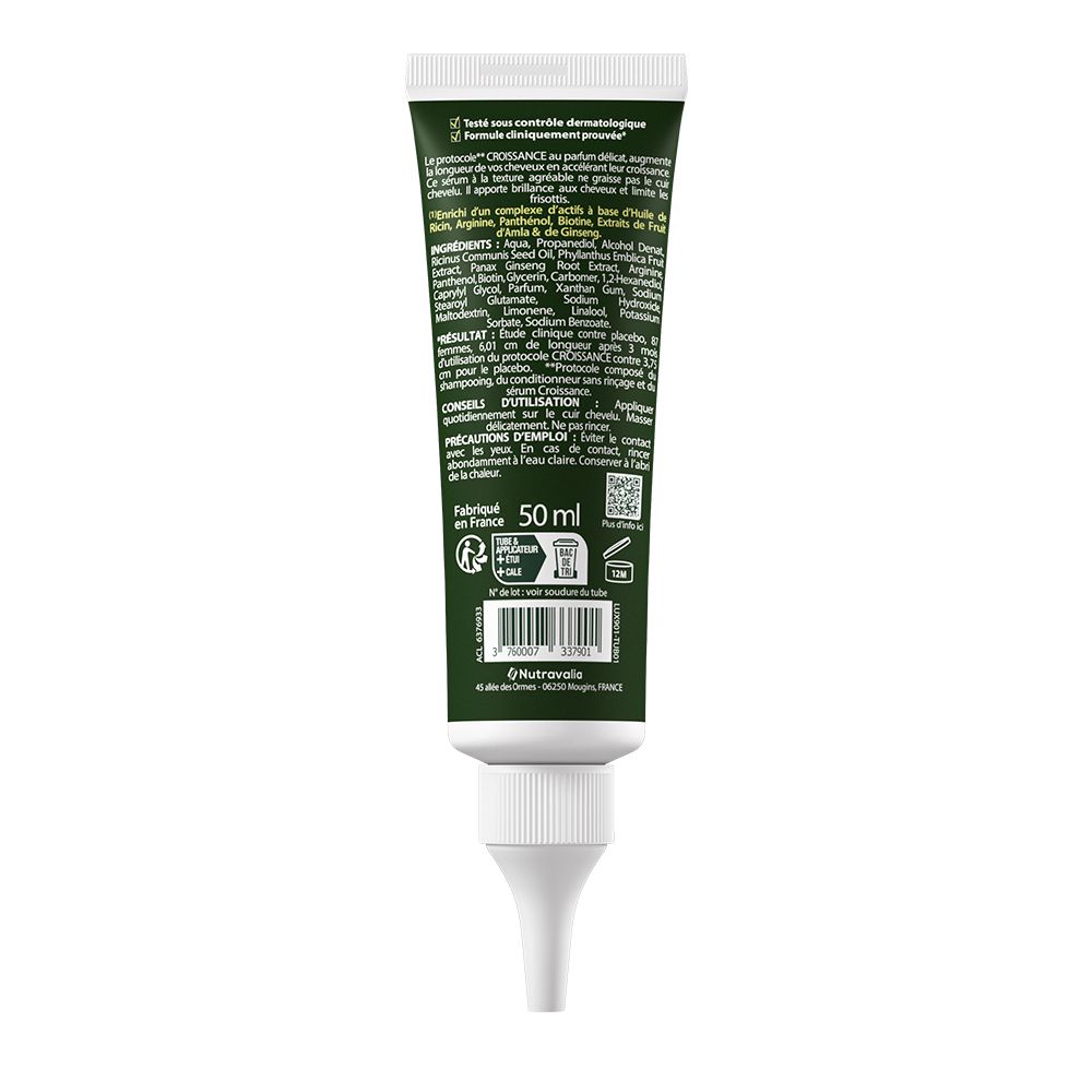 Dos du tube LUXÉOL Sérum croissance. Informations ingrédients, utilisation et précautions. 50 ml.