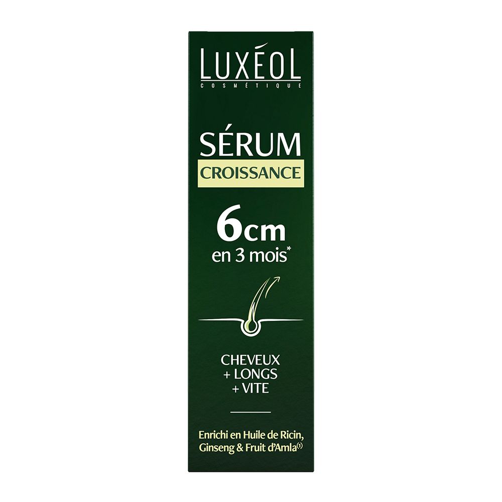 Emballage LUXÉOL Sérum croissance. Vert avec texte blanc. 6cm en 3 mois. Pour cheveux longs et vite.