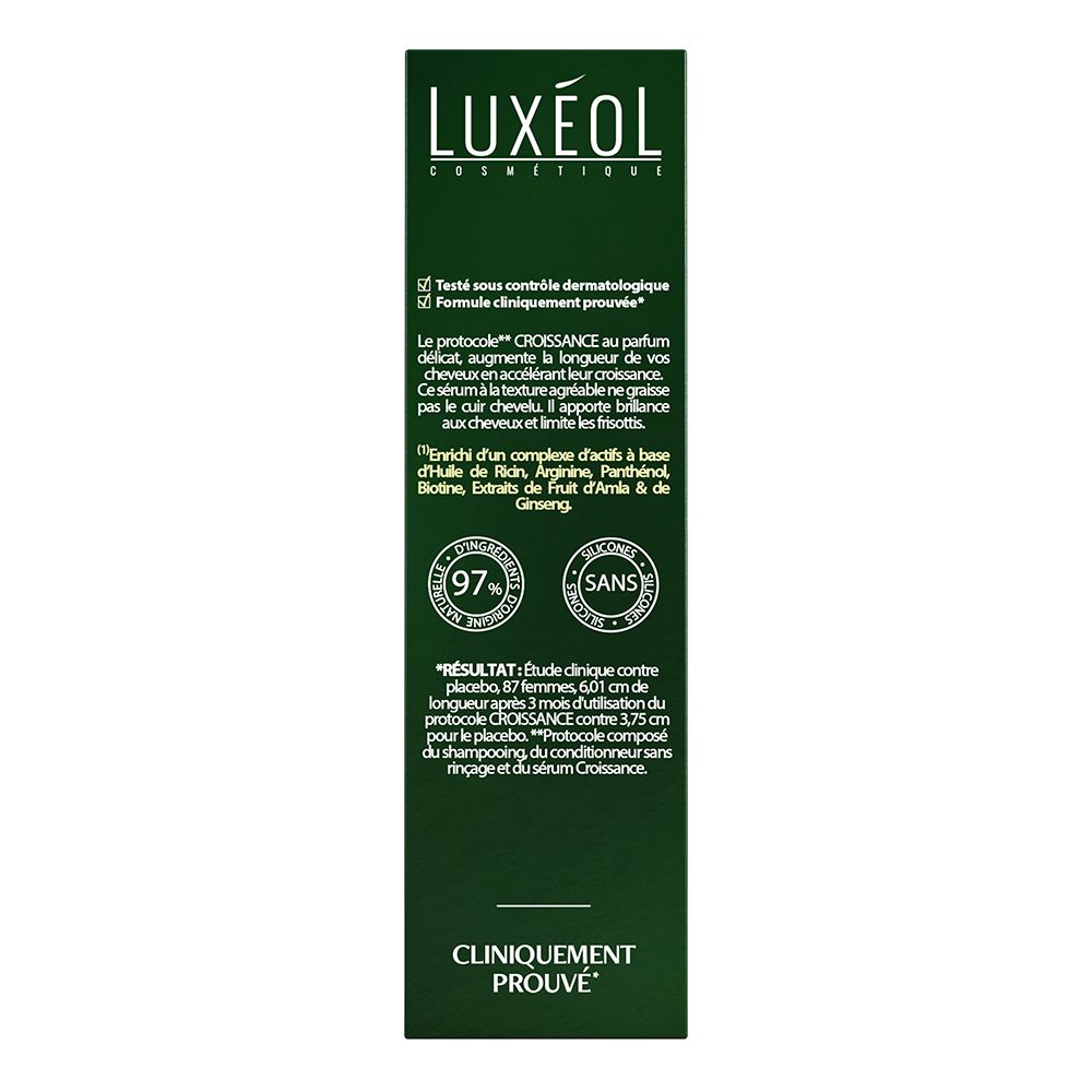 Dos de l'emballage LUXÉOL Sérum croissance. Informations sur l'efficacité clinique et les ingrédients.