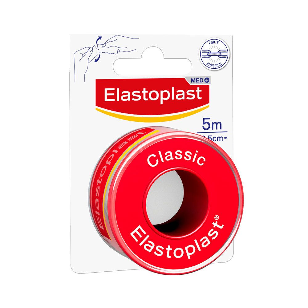 Rouleau de sparadrap médical rouge Elastoplast Classic, 5 m x 2,5 cm, dans son emballage.
