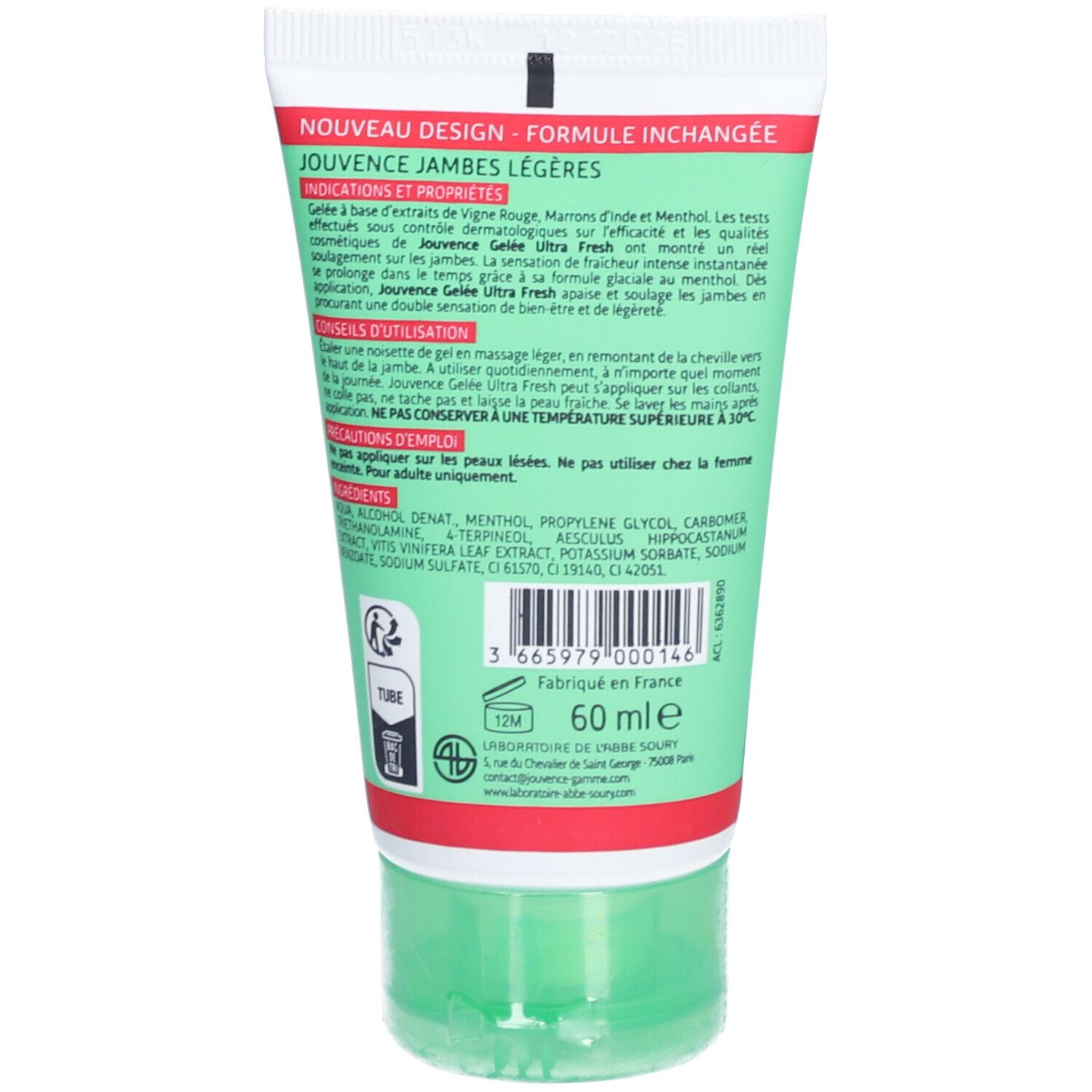 Dos du tube. Texte: Nouveau Design, Formule Inchangée. Ingrédients et instructions d'utilisation. Bouchon vert. Volume: 60 ml.