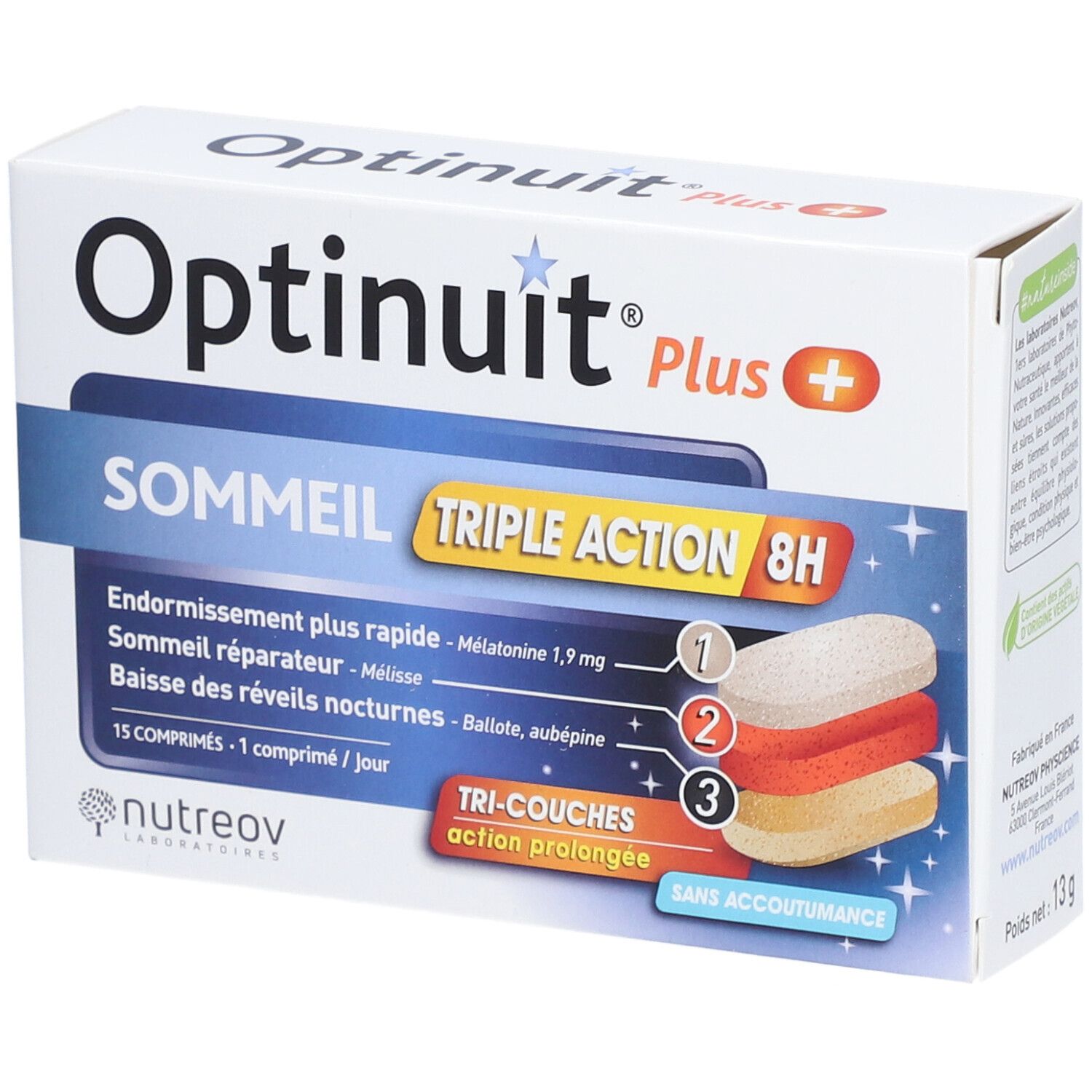 Boîte Optinuit Plus Sommeil Triple Action 8H. Boîte blanche avec nom du produit et caractéristiques.
