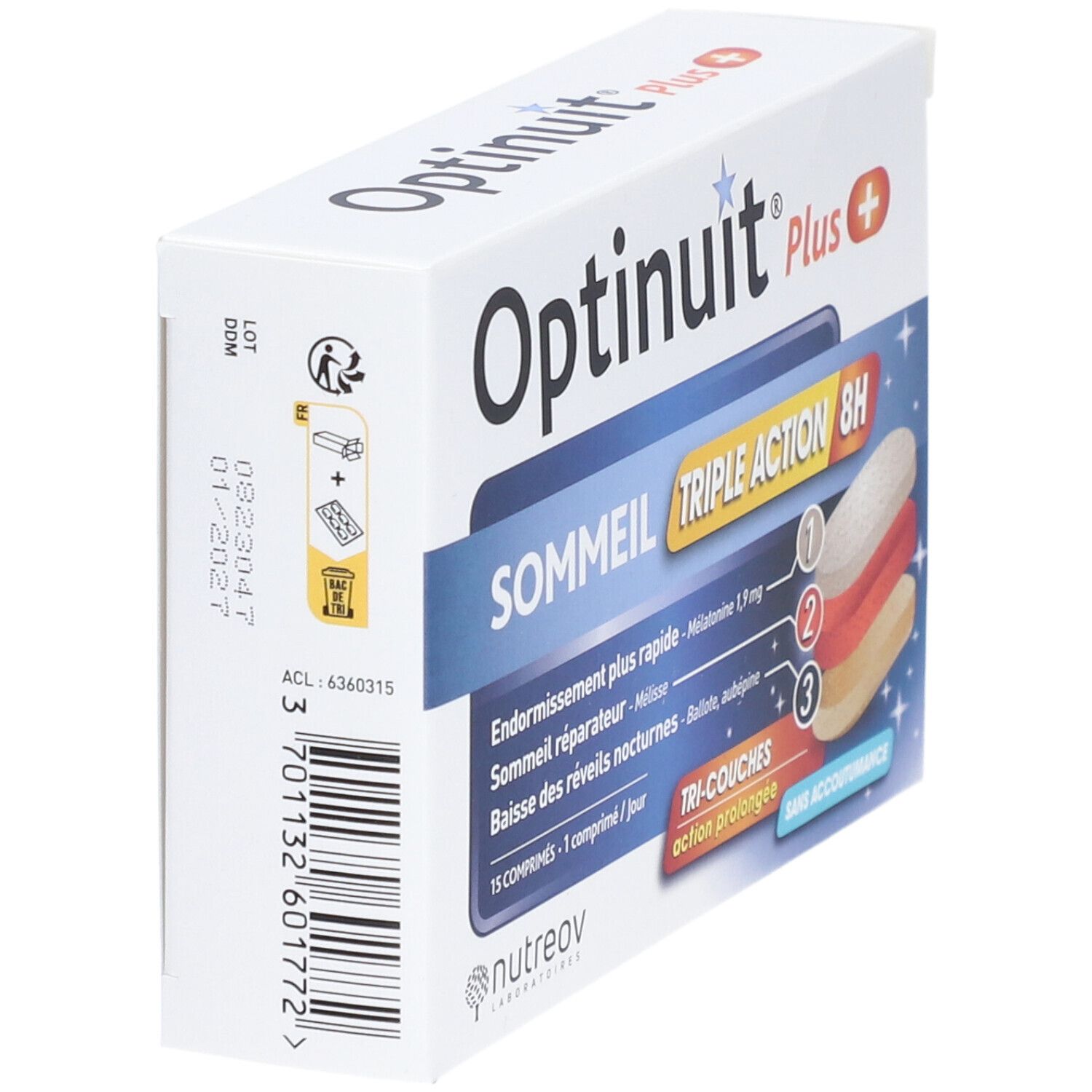 Boîte Optinuit Plus Sommeil Triple Action 8H. Vue latérale avec code-barres et informations produit.