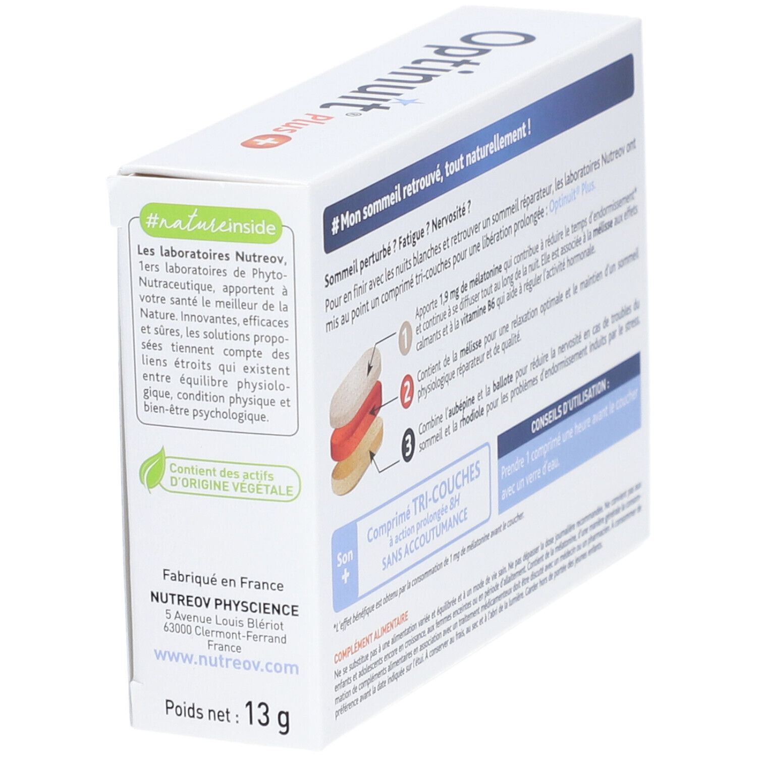 Boîte Optinuit Plus Sommeil Triple Action 8H. Dos avec informations et coordonnées du fabricant.