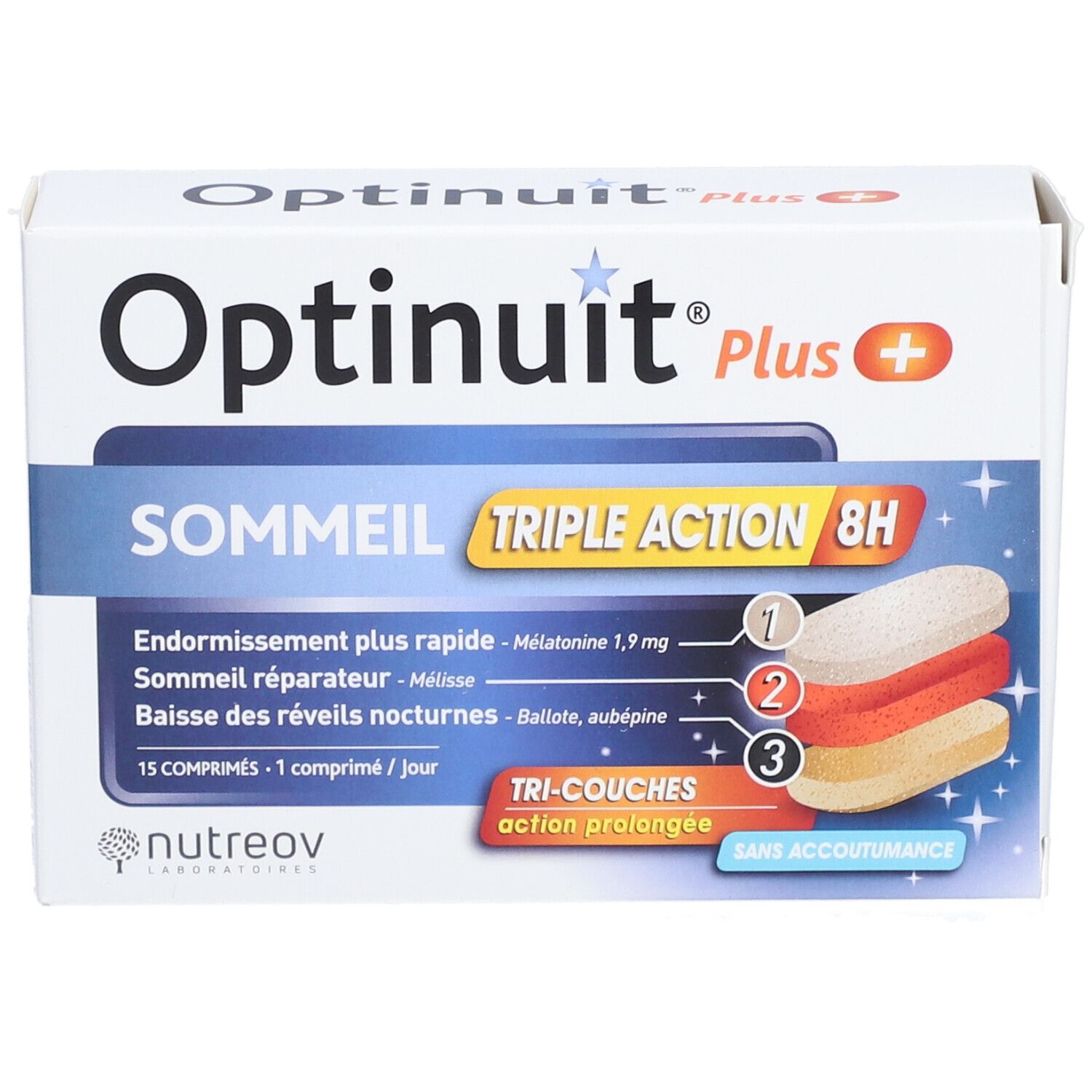 Boîte Optinuit Plus Sommeil Triple Action 8H. Vue de face avec nom et caractéristiques du produit.