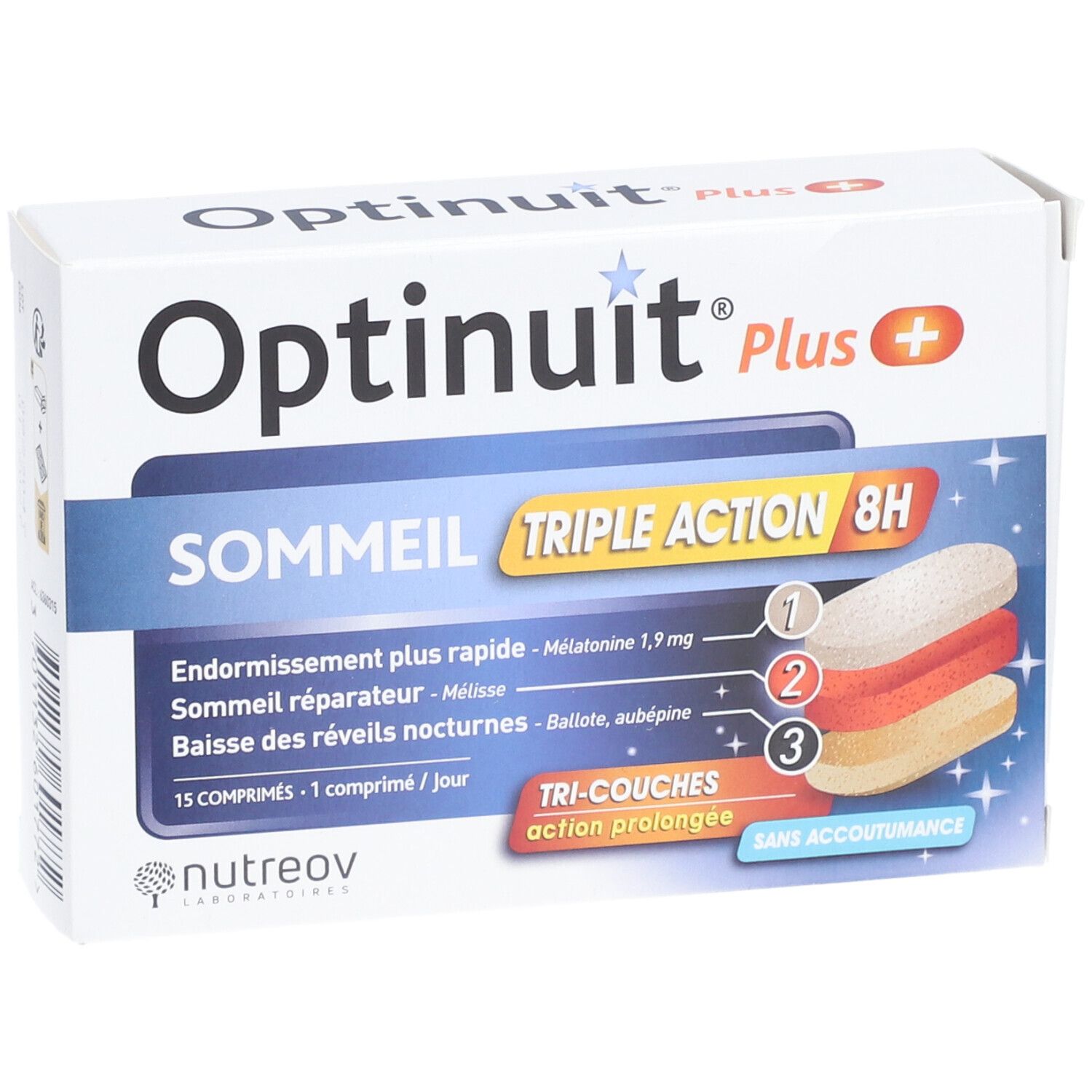 Boîte Optinuit Plus Sommeil Triple Action 8H. Vue de face avec nom et caractéristiques du produit.