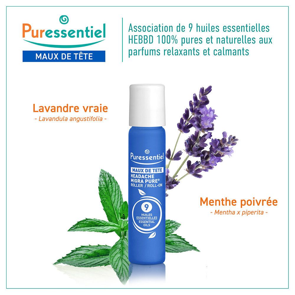Puressentiel Roller Migra Pure avec lavande et menthe poivrée, 5ml. Contient 9 huiles essentielles.
