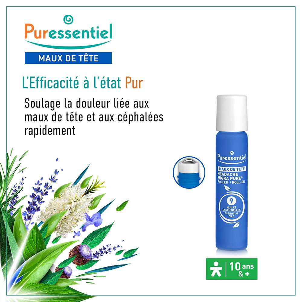 Puressentiel Roller Migra Pure, 5ml. Soulage les maux de tête. Pour personnes dès 10 ans.