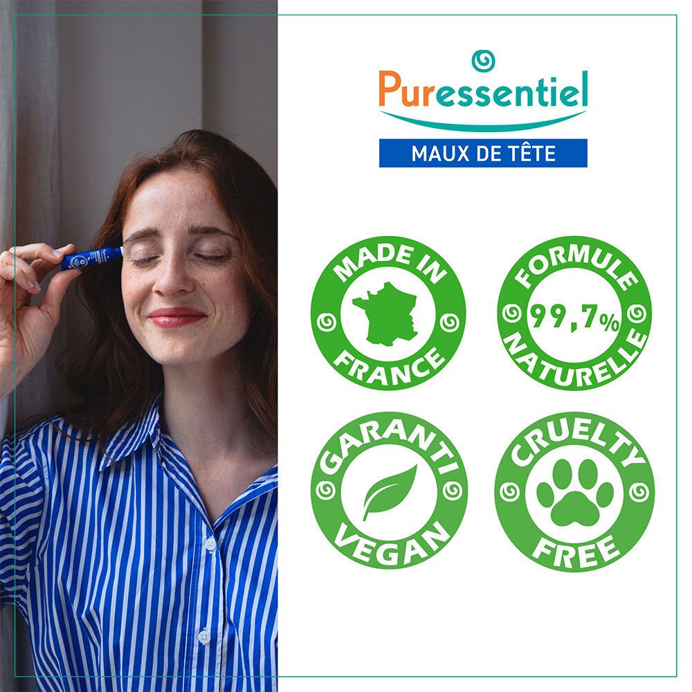Femme avec Puressentiel Roller Migra Pure près de l'œil. Fabriqué en France, vegan, cruelty-free.