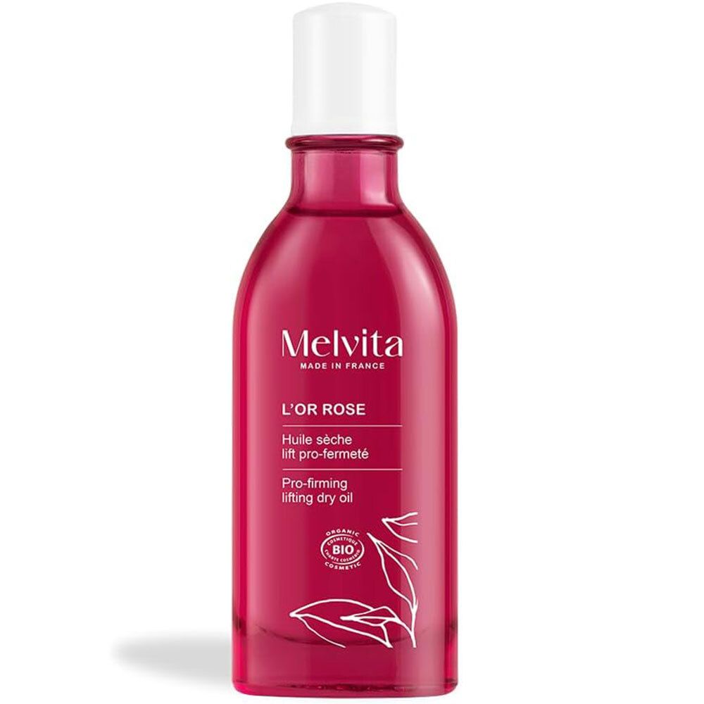 Flacon rouge, bouchon blanc. Melvita L'Or Rose, Huile sèche lift pro-fermeté. Certification Bio visible.